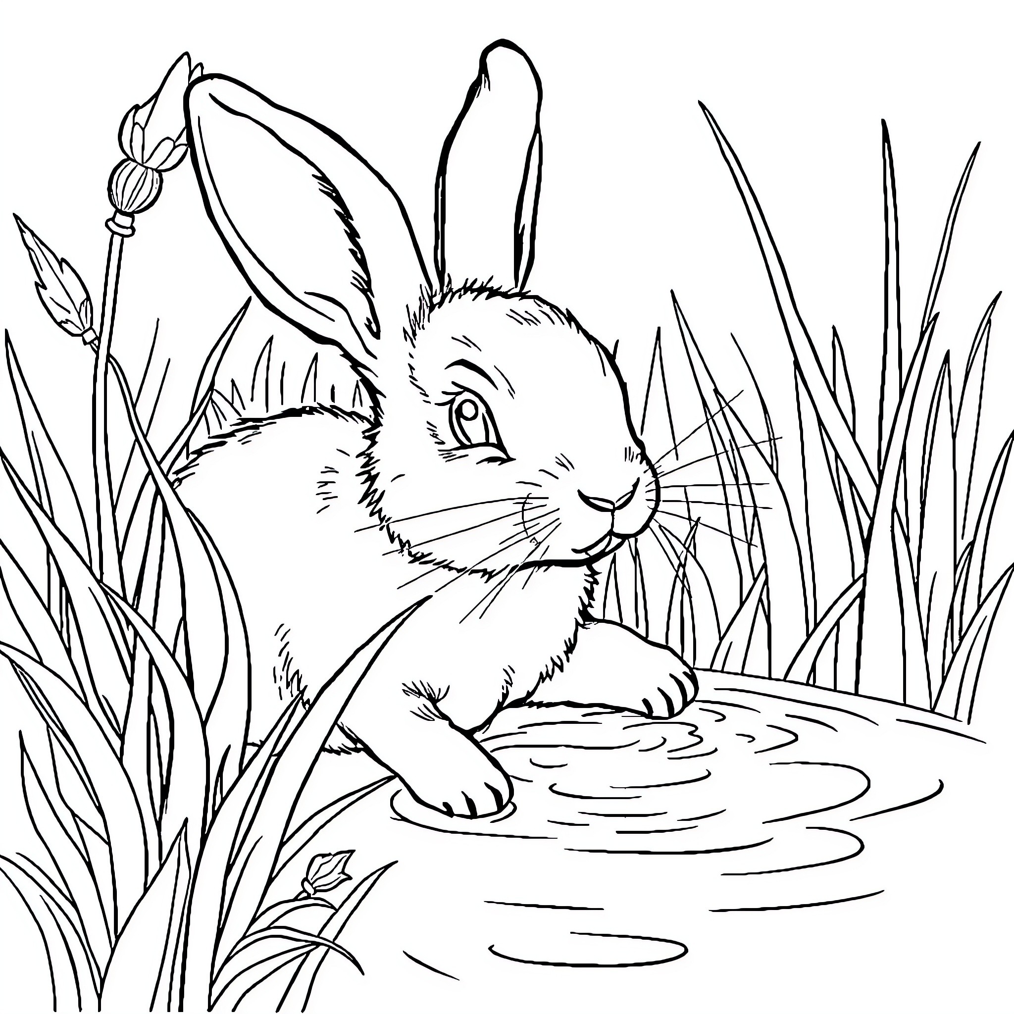 Rabbit enjoying nature in a tranquil setting Coloring Page (free black-and-white line drawing printable PDF for all, from beginners to advanced learners, including children, teens, adults, and seniors)