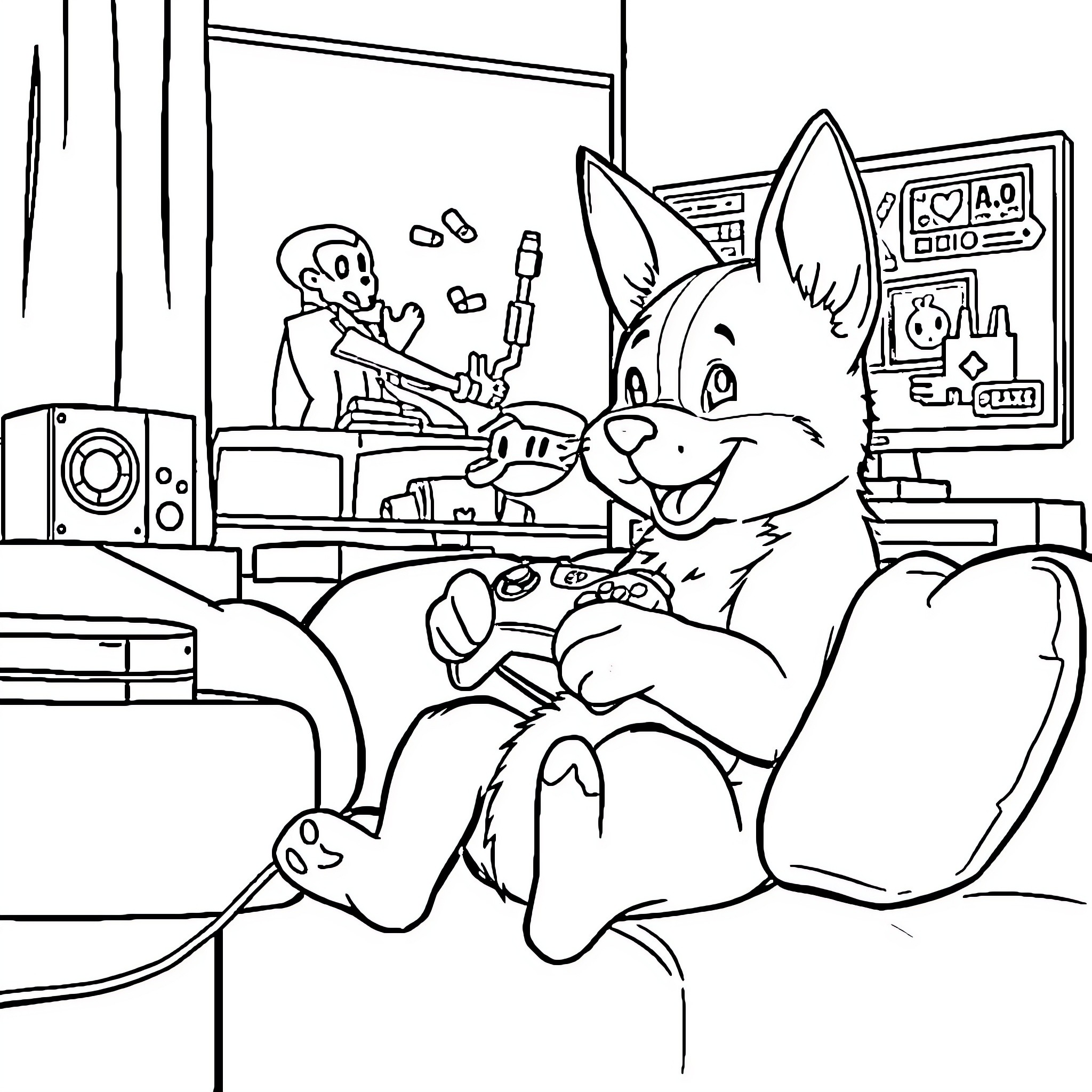 Bluey playing video games with friends in the room Coloring Page (free black-and-white line drawing printable PDF for all, from beginners to advanced learners, including children, teens, adults, and seniors)