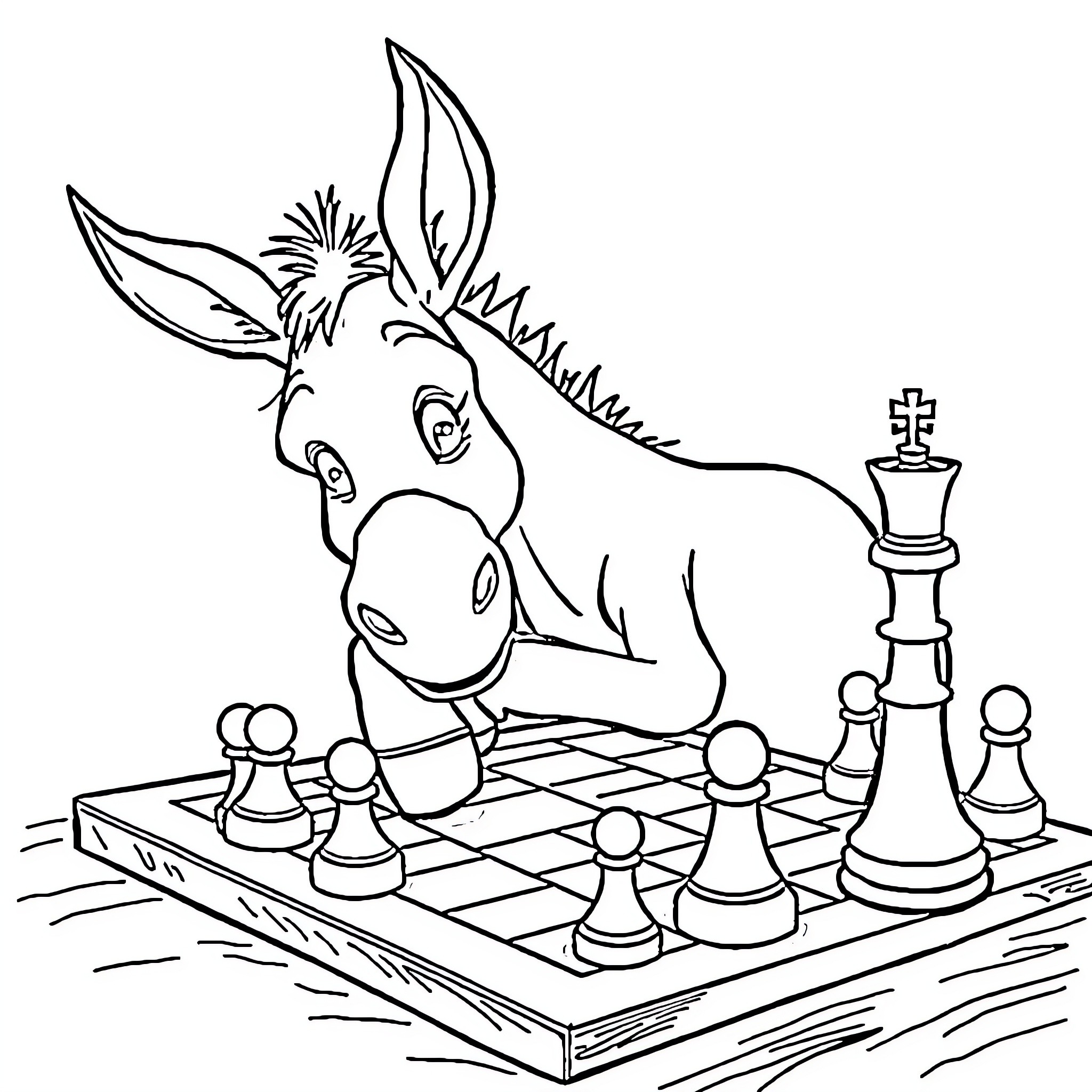 Ass playing chess with chess pieces Coloring Page (free black-and-white line drawing printable PDF for all, from beginners to advanced learners, including children, teens, adults, and seniors)