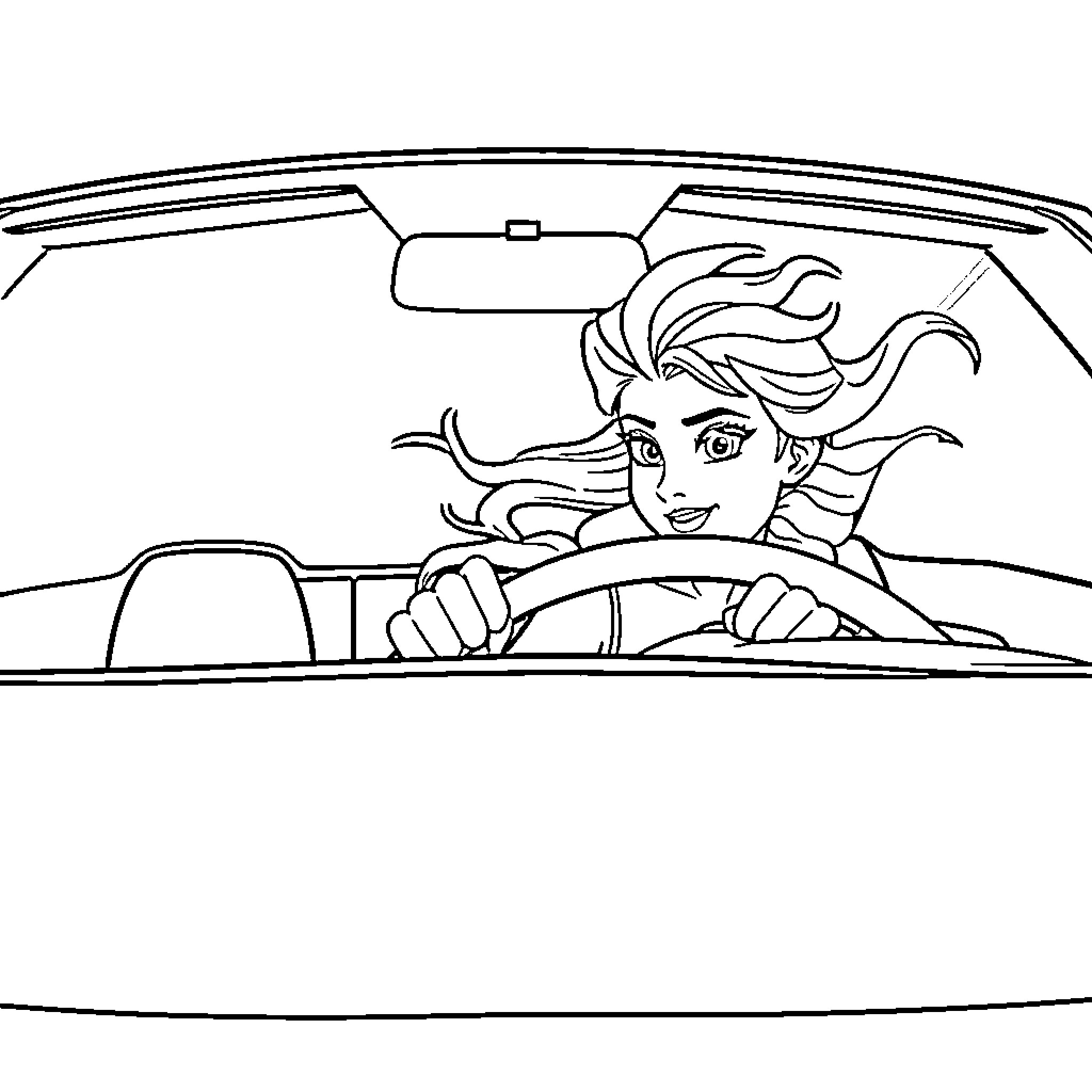 Elsa driving her car with joyful expression Coloring Page (free black-and-white line drawing printable PDF for all, from beginners to advanced learners, including children, teens, adults, and seniors)