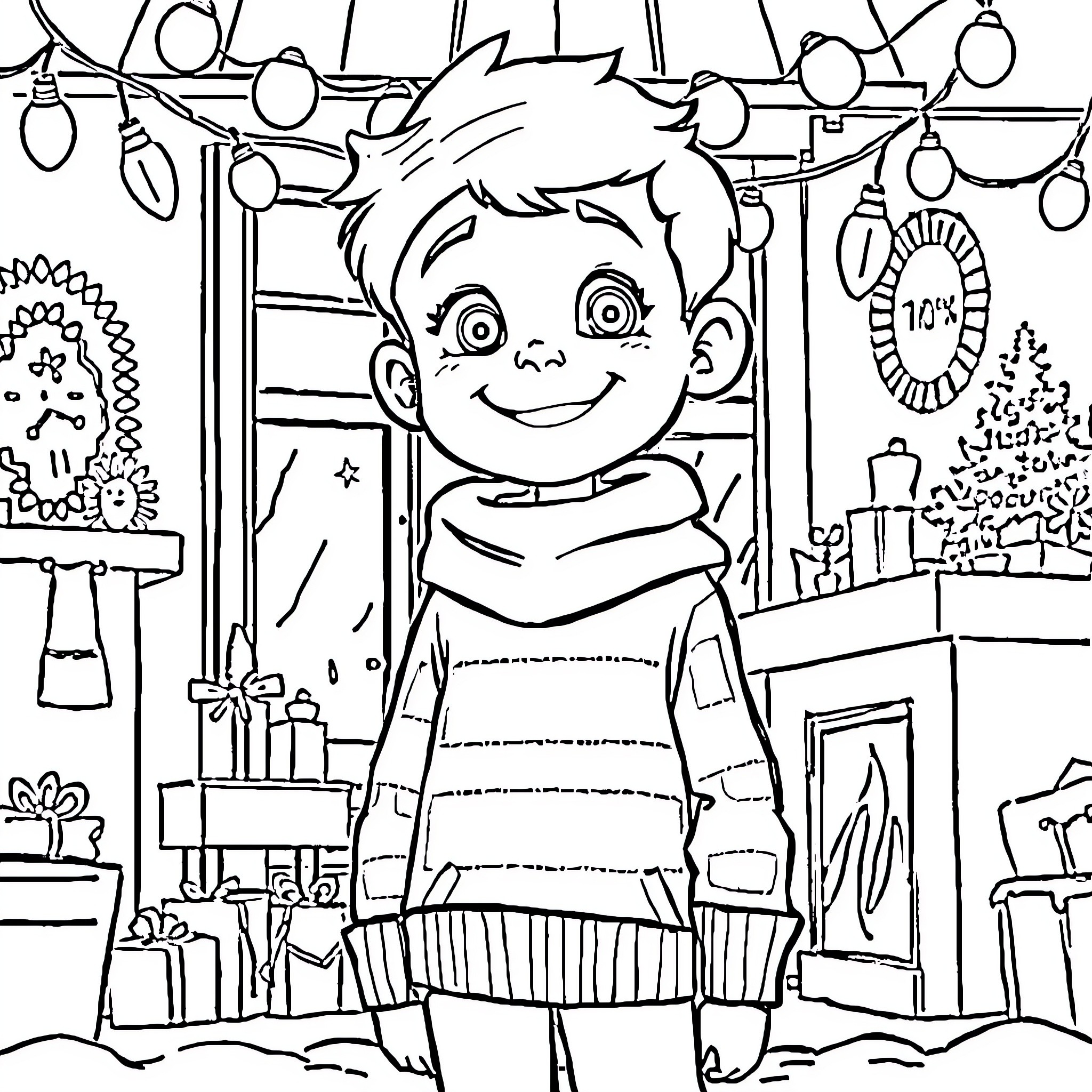 Noel's Festive Preparations Coloring Page (free black-and-white line drawing printable PDF for all, from beginners to advanced learners, including children, teens, adults, and seniors)