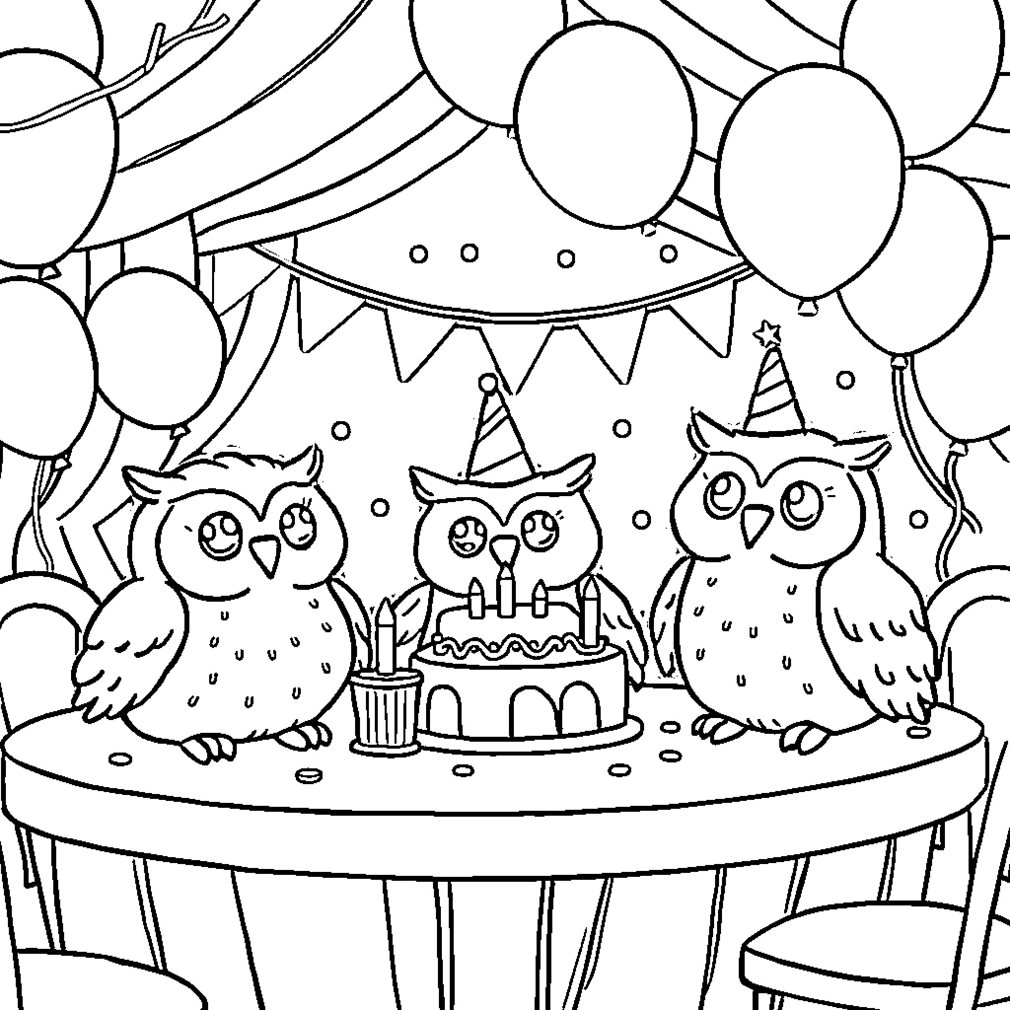 Owl Birthday Party Celebration with Balloons Coloring Page (free black-and-white line drawing printable PDF for all, from beginners to advanced learners, including children, teens, adults, and seniors)