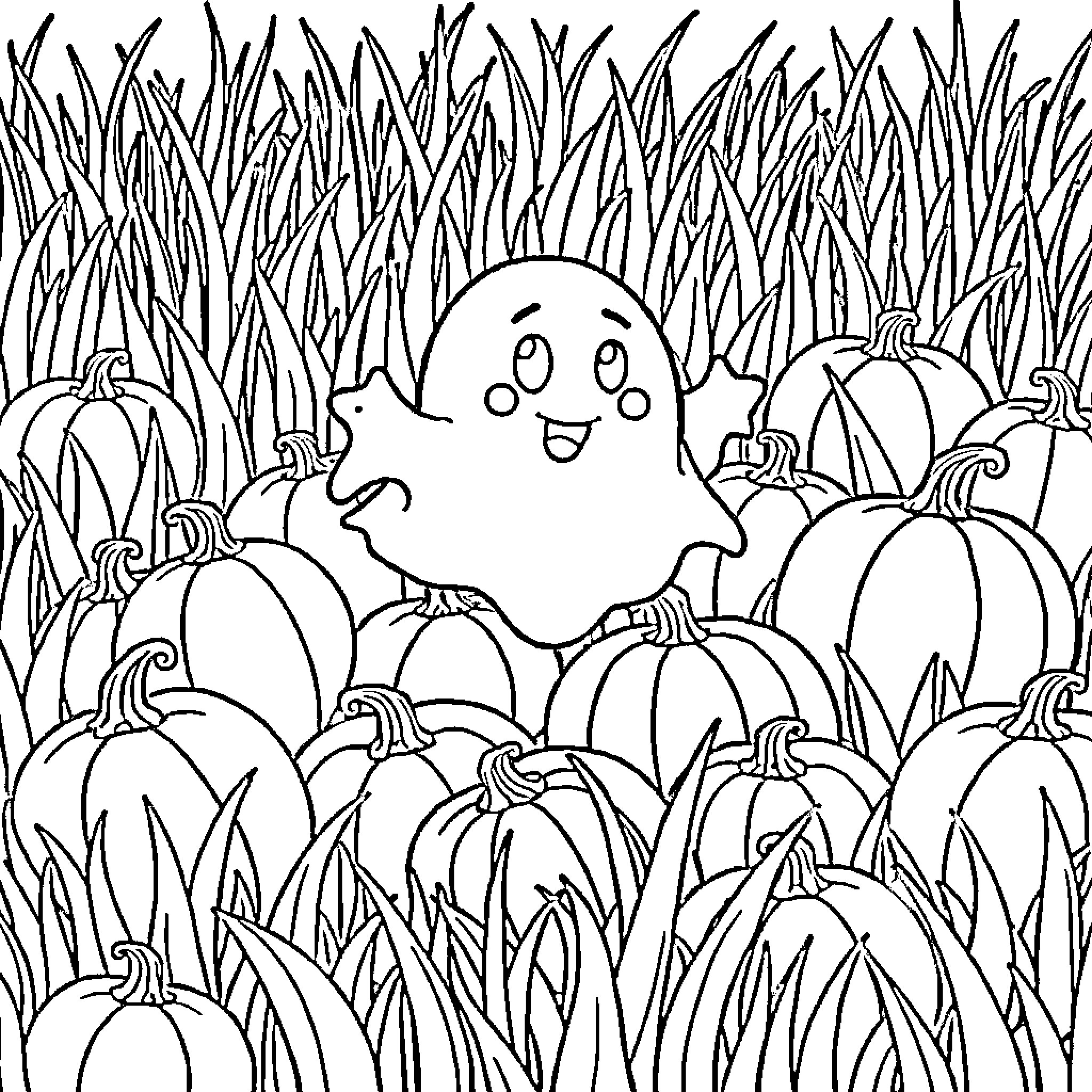Ghost playing amongst pumpkins in the field Coloring Page (free black-and-white line drawing printable PDF for all, from beginners to advanced learners, including children, teens, adults, and seniors)