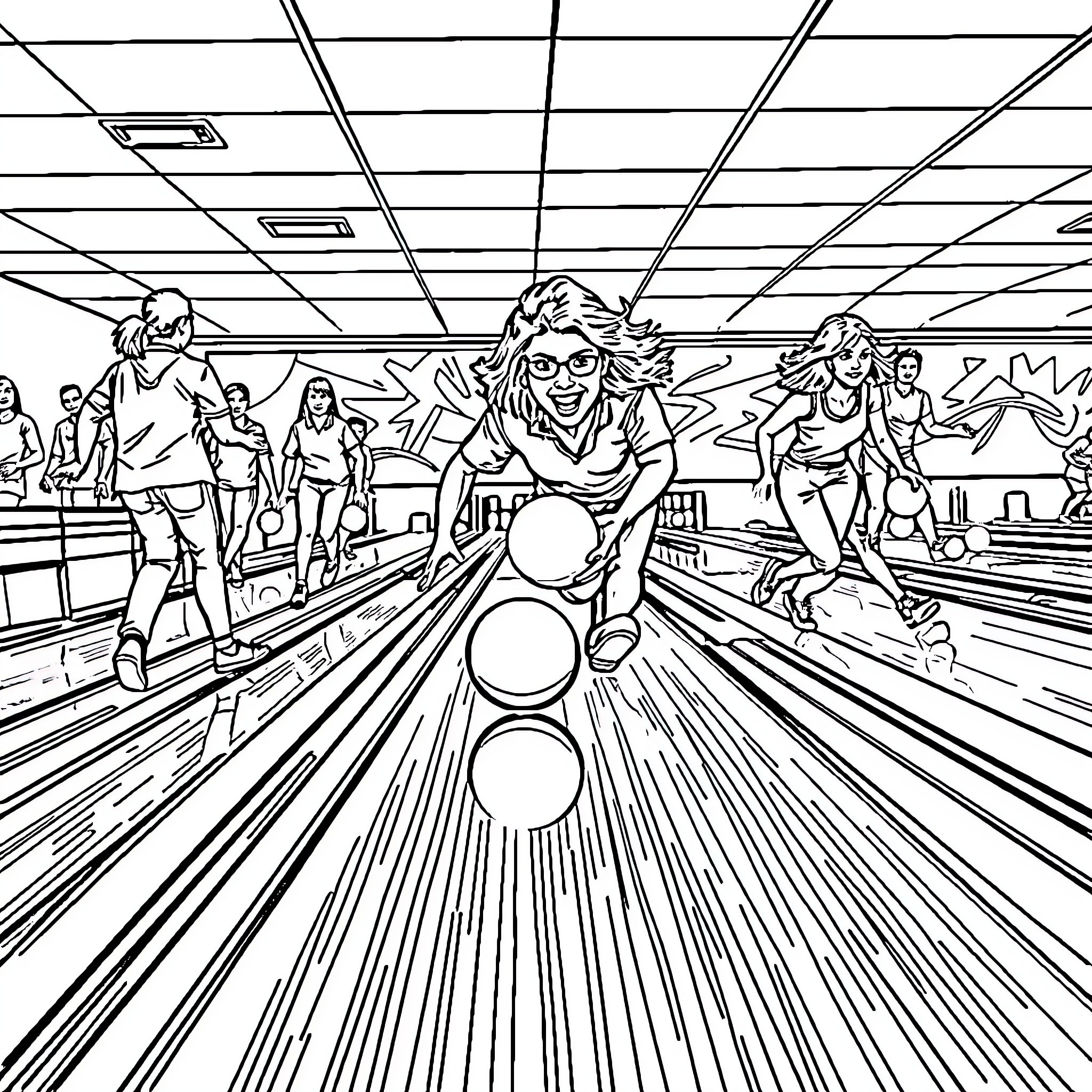 Bowling alley with energetic bowlers in action Coloring Page (free black-and-white line drawing printable PDF for all, from beginners to advanced learners, including children, teens, adults, and seniors)