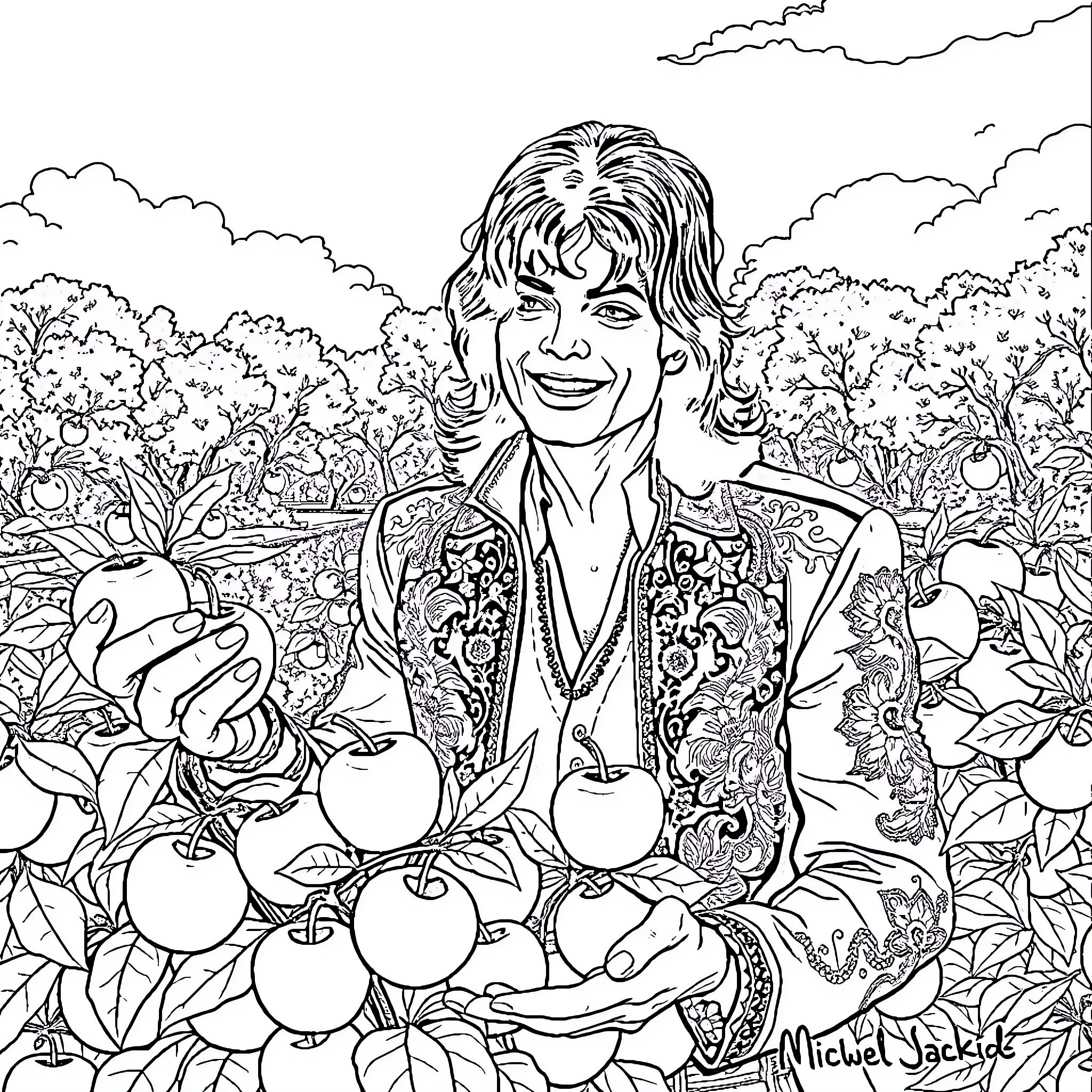 Michael Jackson in a Whimsical Floral Landscape Coloring Page (free black-and-white line drawing printable PDF for all, from beginners to advanced learners, including children, teens, adults, and seniors)