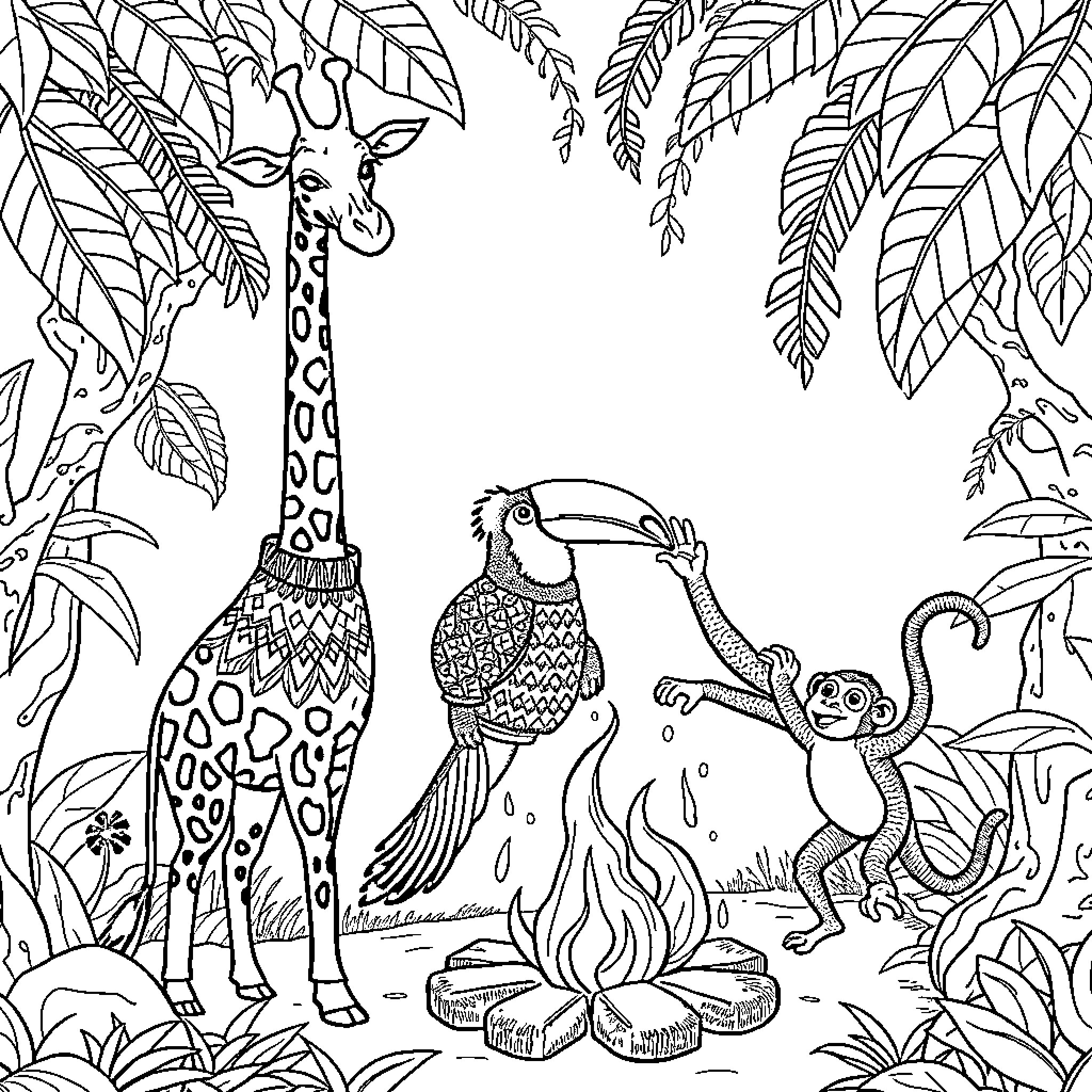 Giraffe, toucan, and snake in the jungle Coloring Page (free black-and-white line drawing printable PDF for all, from beginners to advanced learners, including children, teens, adults, and seniors)