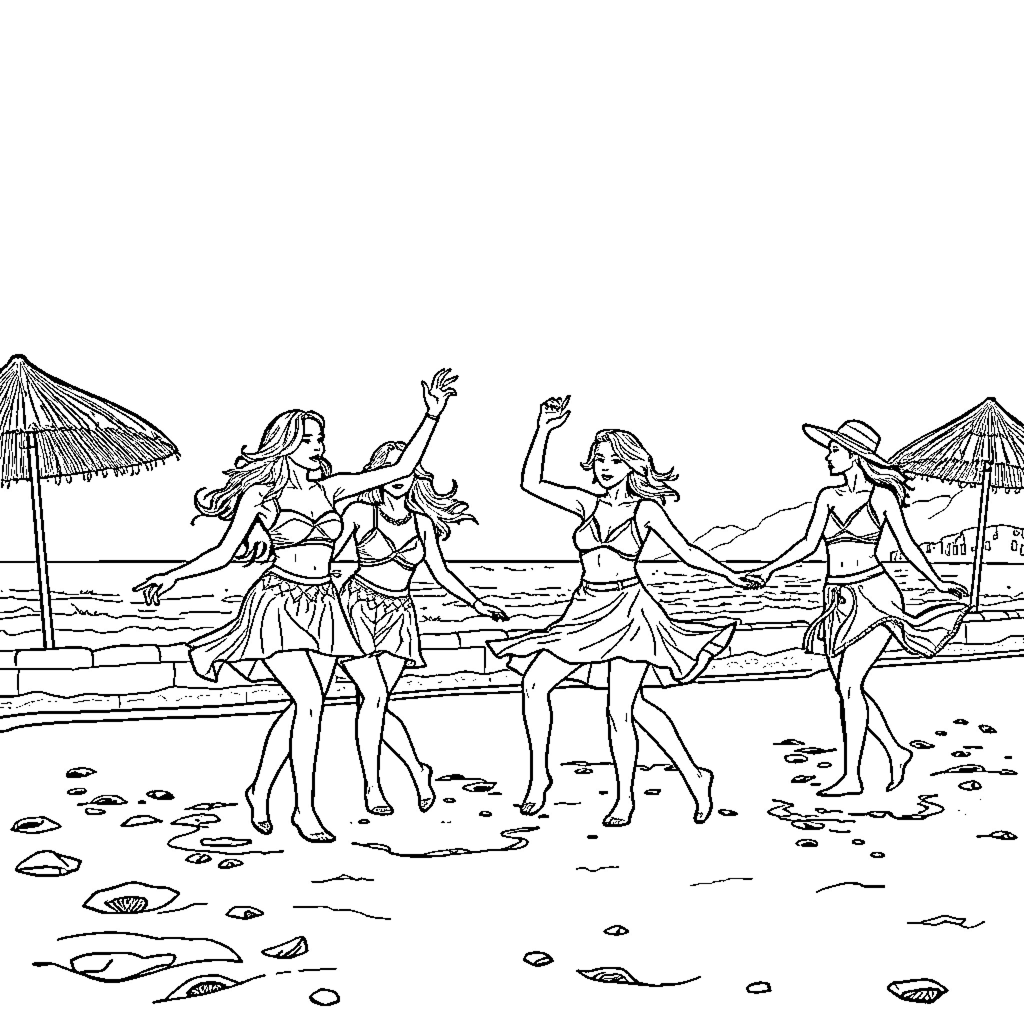 Kpop Warriors Enjoying Beachside Dance Routine Coloring Page (free black-and-white line drawing printable PDF for all, from beginners to advanced learners, including children, teens, adults, and seniors)