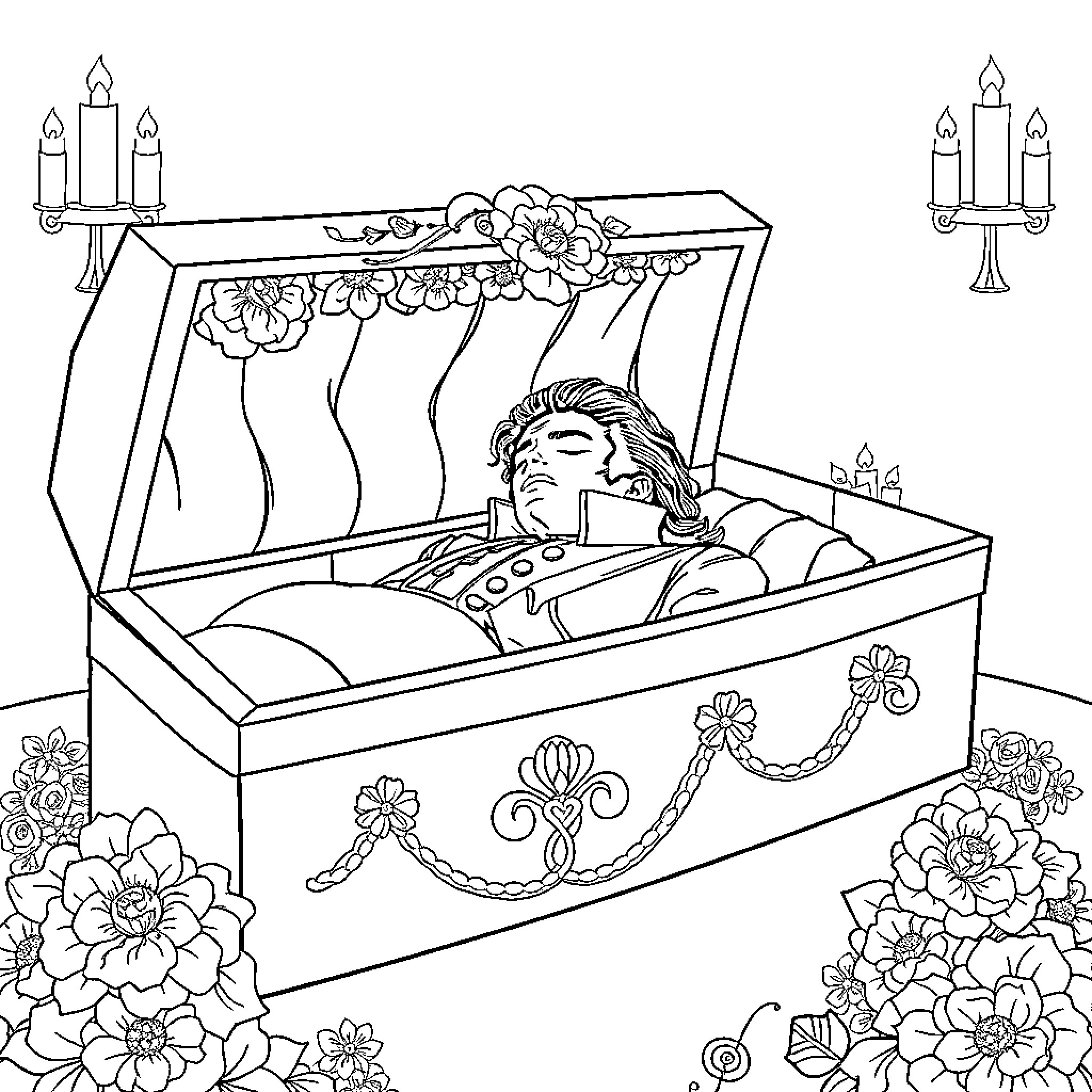 Michael Jackson's Eternal Rest with Floral Elegance Coloring Page (free black-and-white line drawing printable PDF for all, from beginners to advanced learners, including children, teens, adults, and seniors)