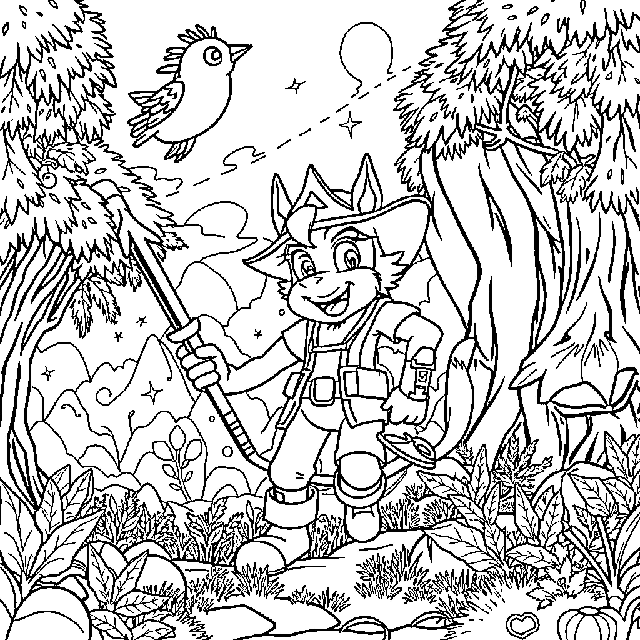 Huntrix's Adventure in the Enchanted Forest Coloring Page (free black-and-white line drawing printable PDF for all, from beginners to advanced learners, including children, teens, adults, and seniors)