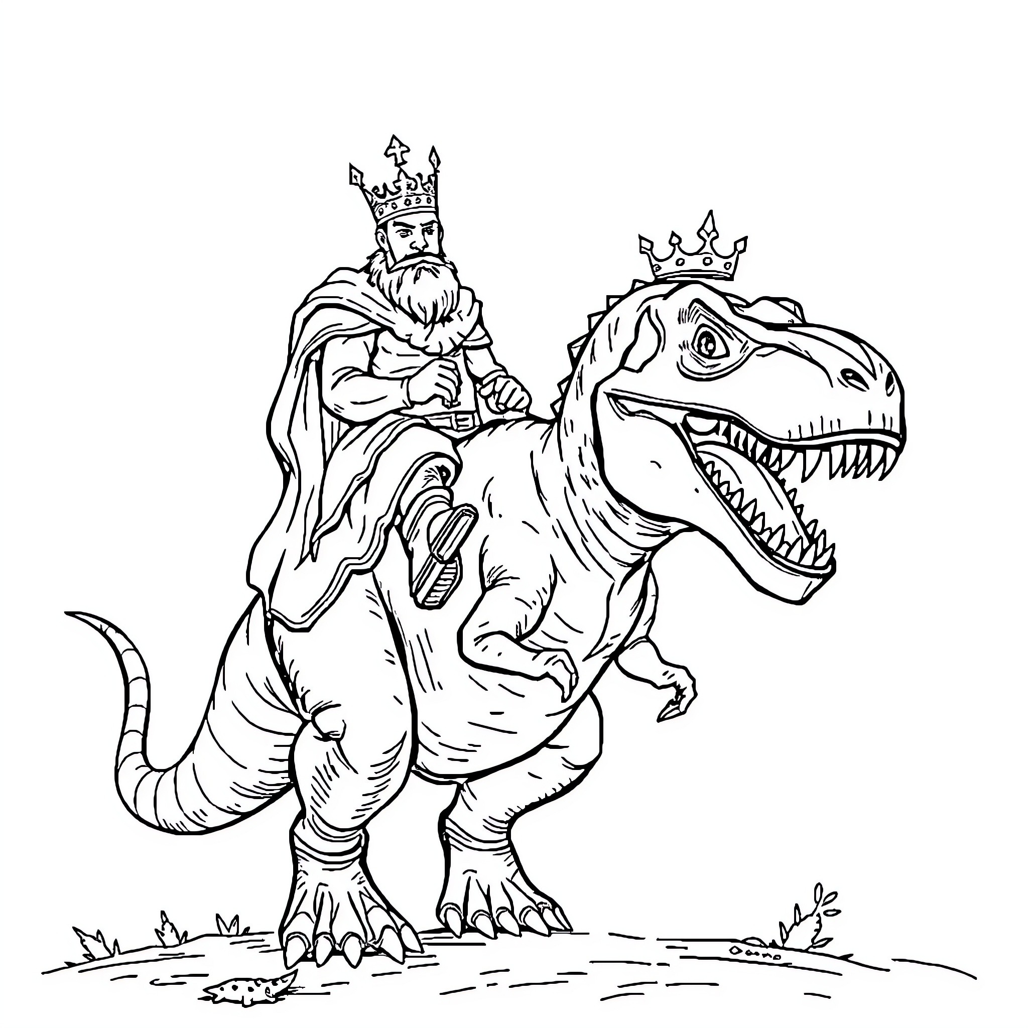 King riding a powerful dinosaur in the wild Coloring Page (free black-and-white line drawing printable PDF for all, from beginners to advanced learners, including children, teens, adults, and seniors)