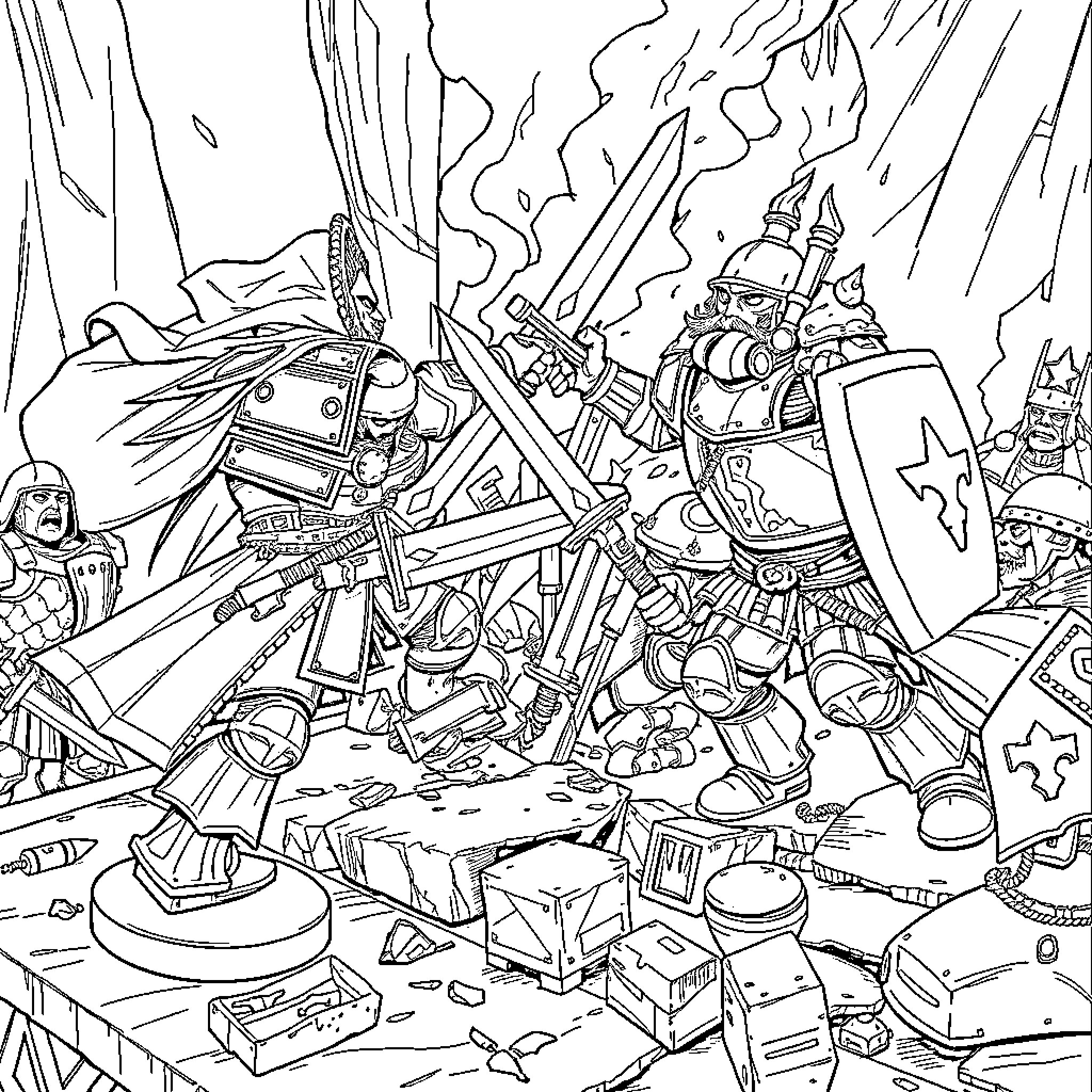 Warhammer: Epic Battle of Mighty Warriors Coloring Page (free black-and-white line drawing printable PDF for all, from beginners to advanced learners, including children, teens, adults, and seniors)