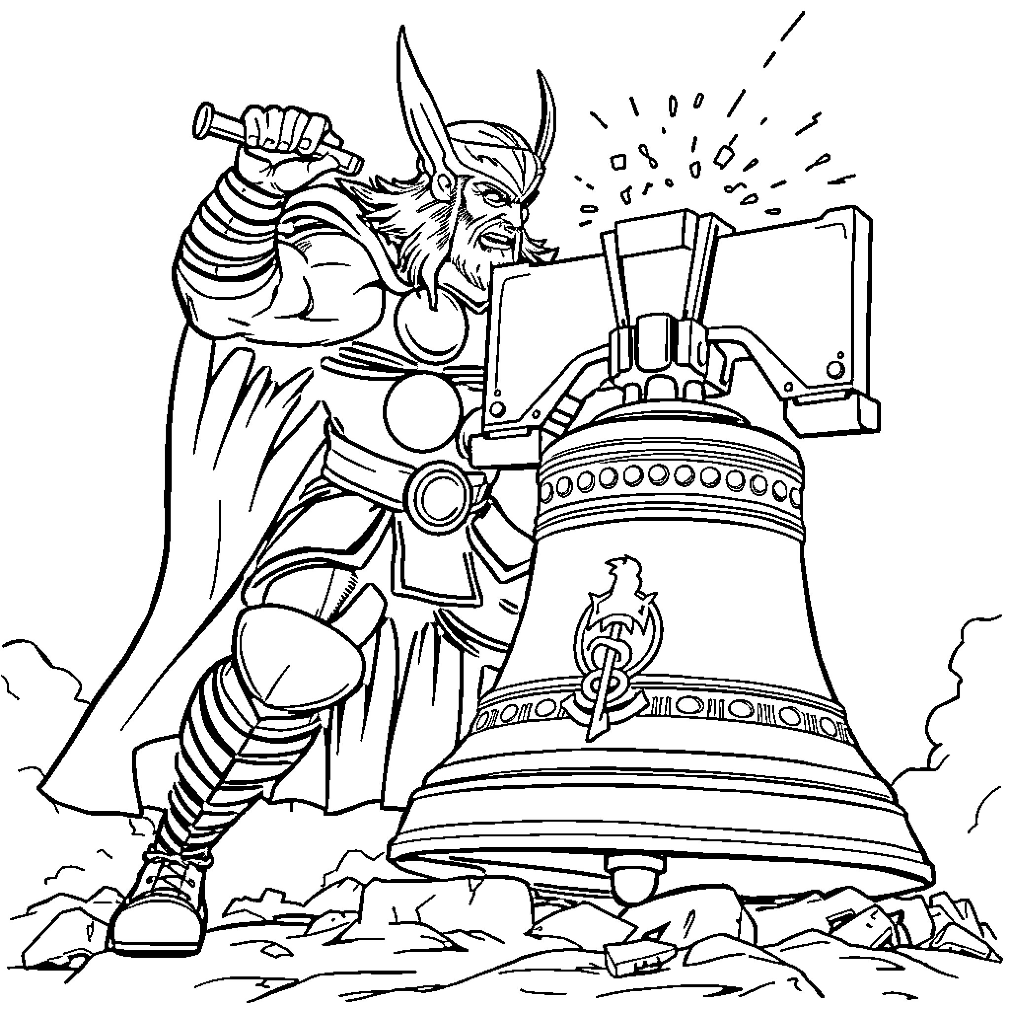 Thor Ringing a Ceremonial Bell with Power Coloring Page (free black-and-white line drawing printable PDF for all, from beginners to advanced learners, including children, teens, adults, and seniors)