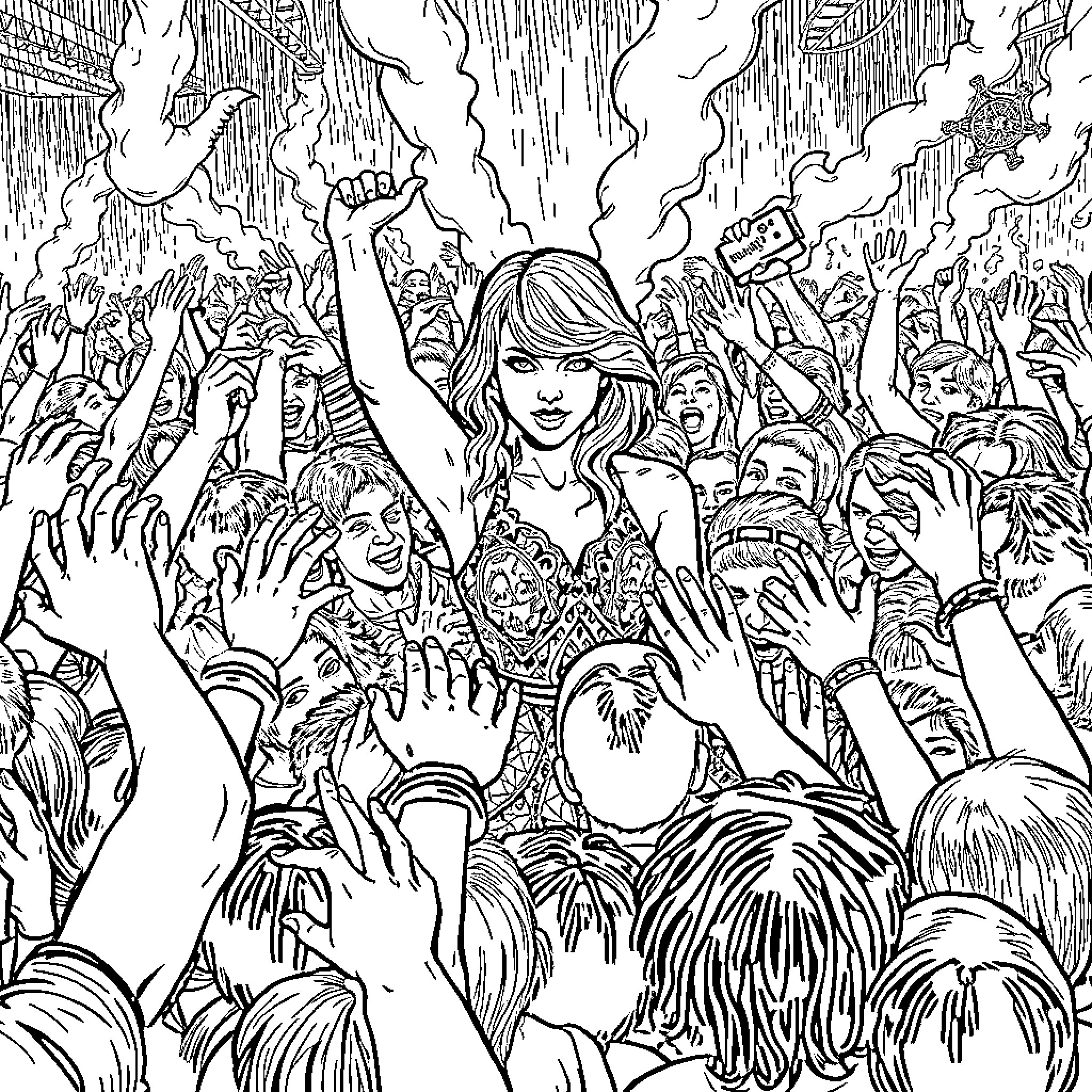 Taylor Swift performing on stage with enthusiastic crowd Coloring Page (free black-and-white line drawing printable PDF for all, from beginners to advanced learners, including children, teens, adults, and seniors)