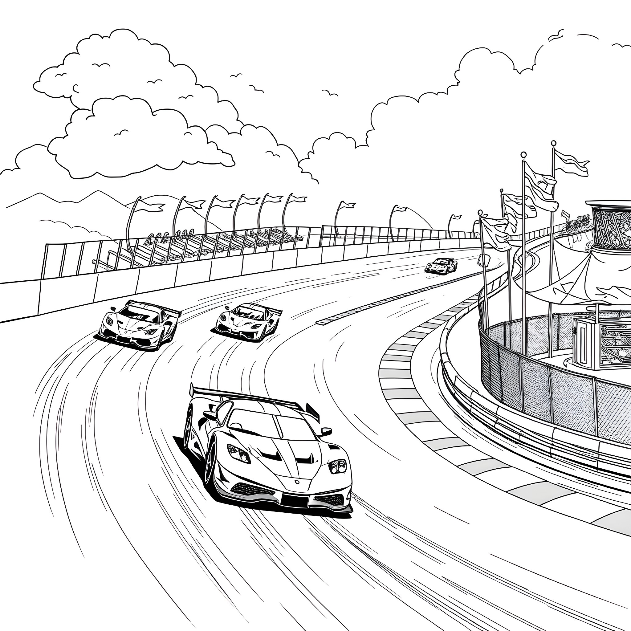 Hot Wheels Speeding Cars on Racing Track Coloring Page (free black-and-white line drawing printable PDF for all, from beginners to advanced learners, including children, teens, adults, and seniors)