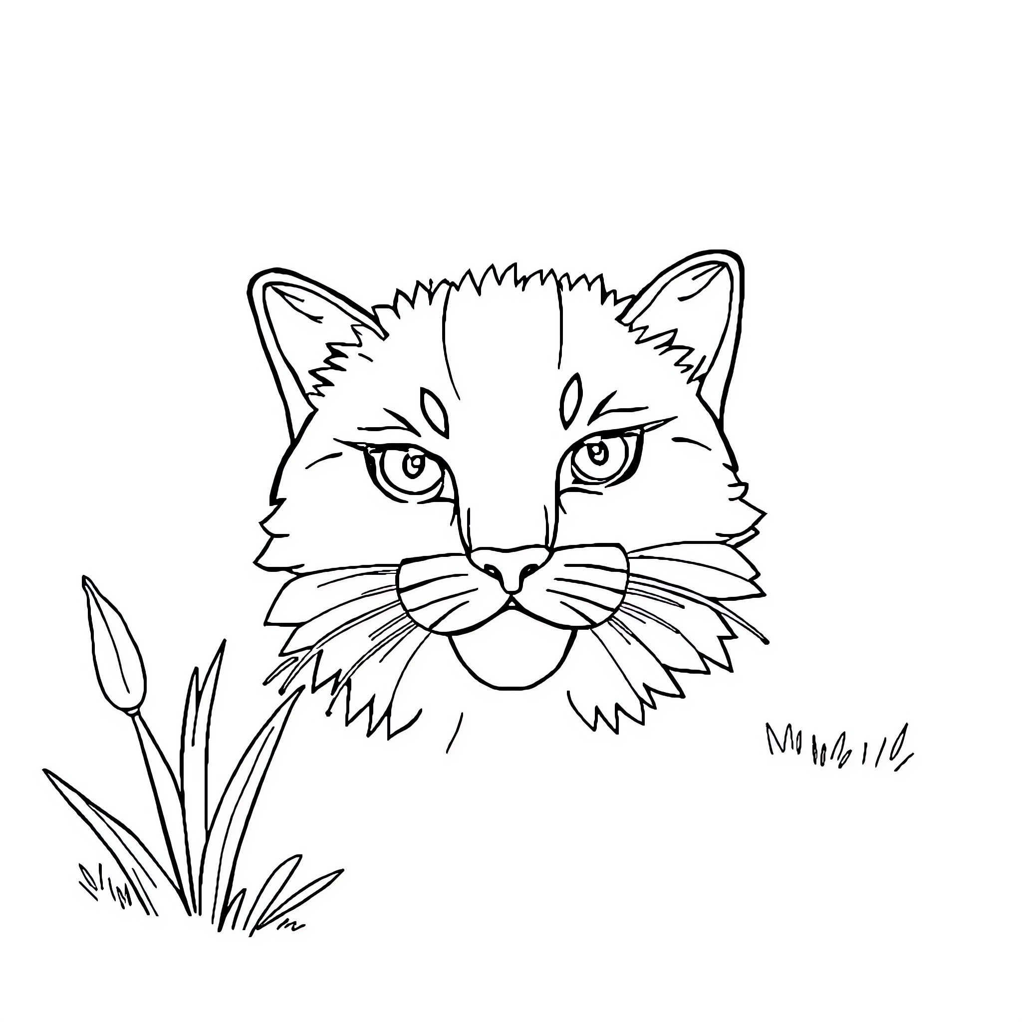 Cat-like creature in outline peering from behind plant Coloring Page (free black-and-white line drawing printable PDF for all, from beginners to advanced learners, including children, teens, adults, and seniors)