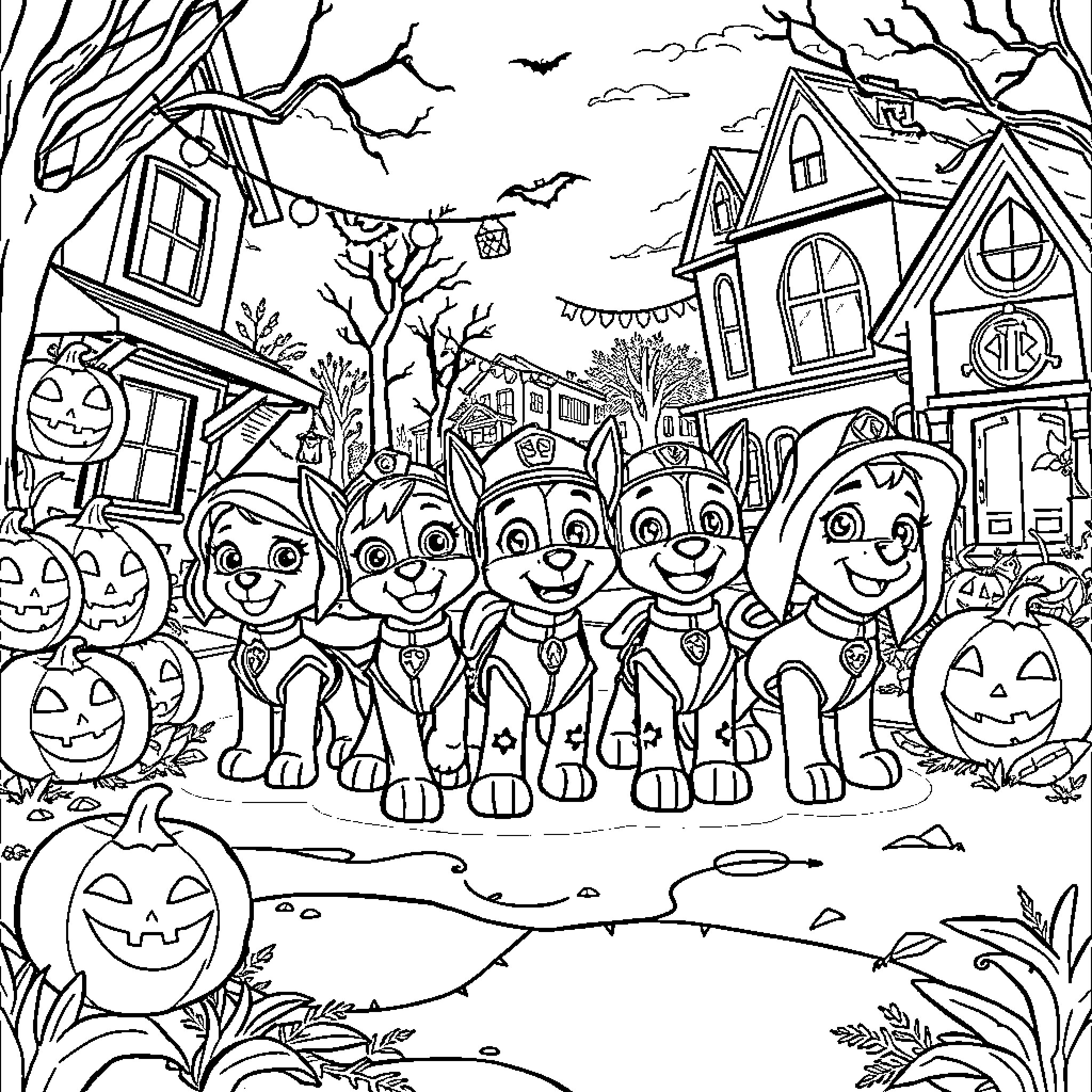 Paw Patrol Trick-or-Treating in a Spooky Halloween Town Coloring Page (free black-and-white line drawing printable PDF for all, from beginners to advanced learners, including children, teens, adults, and seniors)