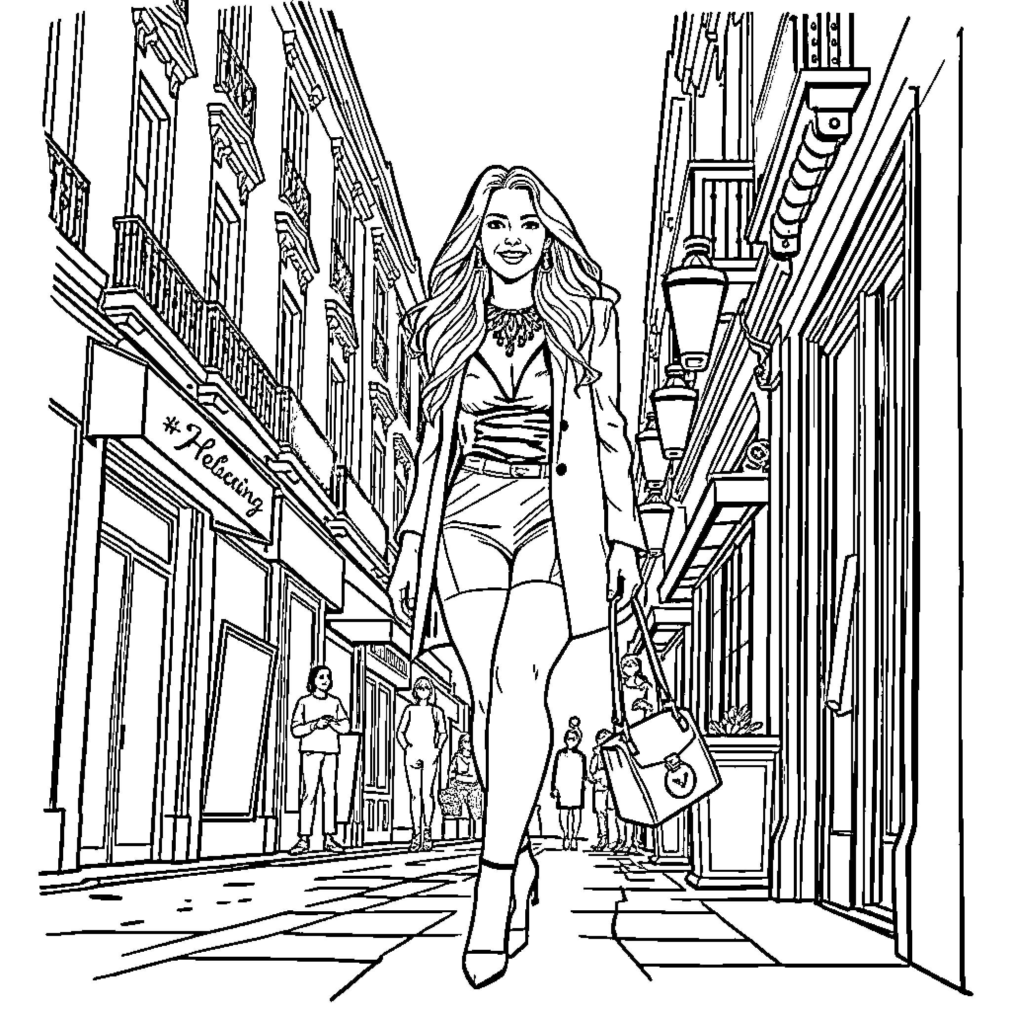 Paris Hilton walking confidently through a city street Coloring Page (free black-and-white line drawing printable PDF for all, from beginners to advanced learners, including children, teens, adults, and seniors)