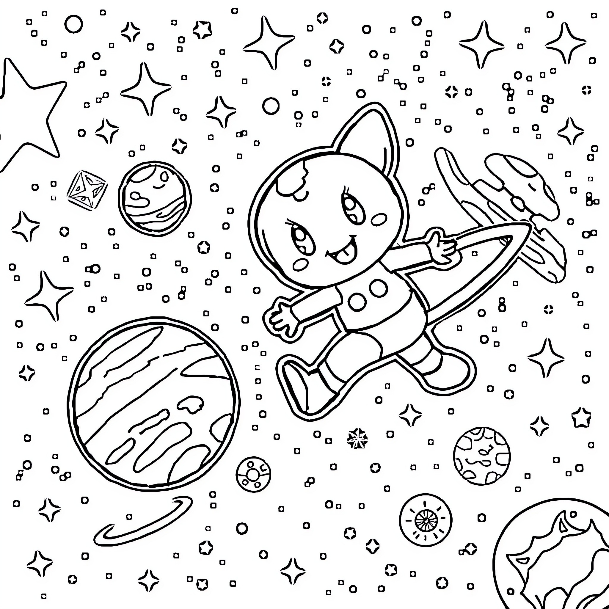 Bluey's Cosmic Adventure Coloring Page (free black-and-white line drawing printable PDF for all, from beginners to advanced learners, including children, teens, adults, and seniors)