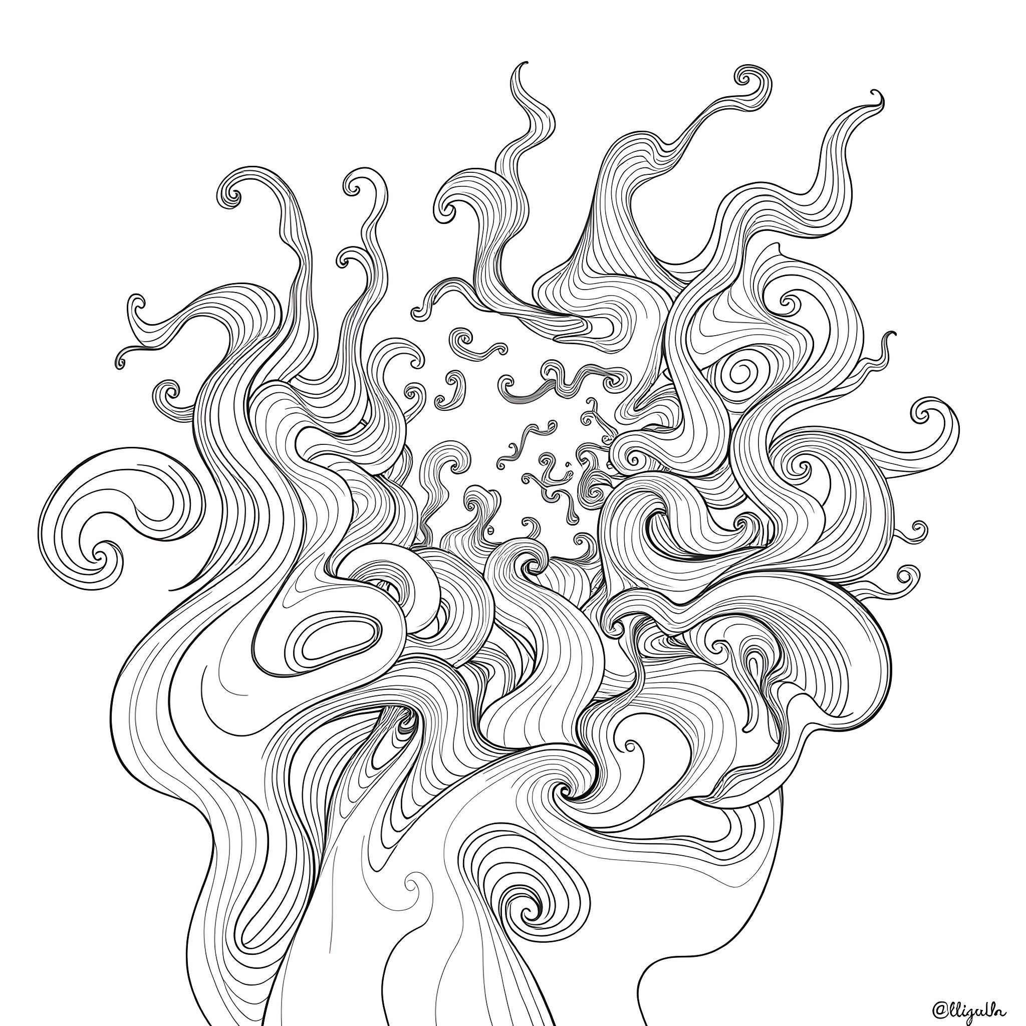 Abstract Design of Intricate Swirling Patterns Coloring Page (free black-and-white line drawing printable PDF for all, from beginners to advanced learners, including children, teens, adults, and seniors)