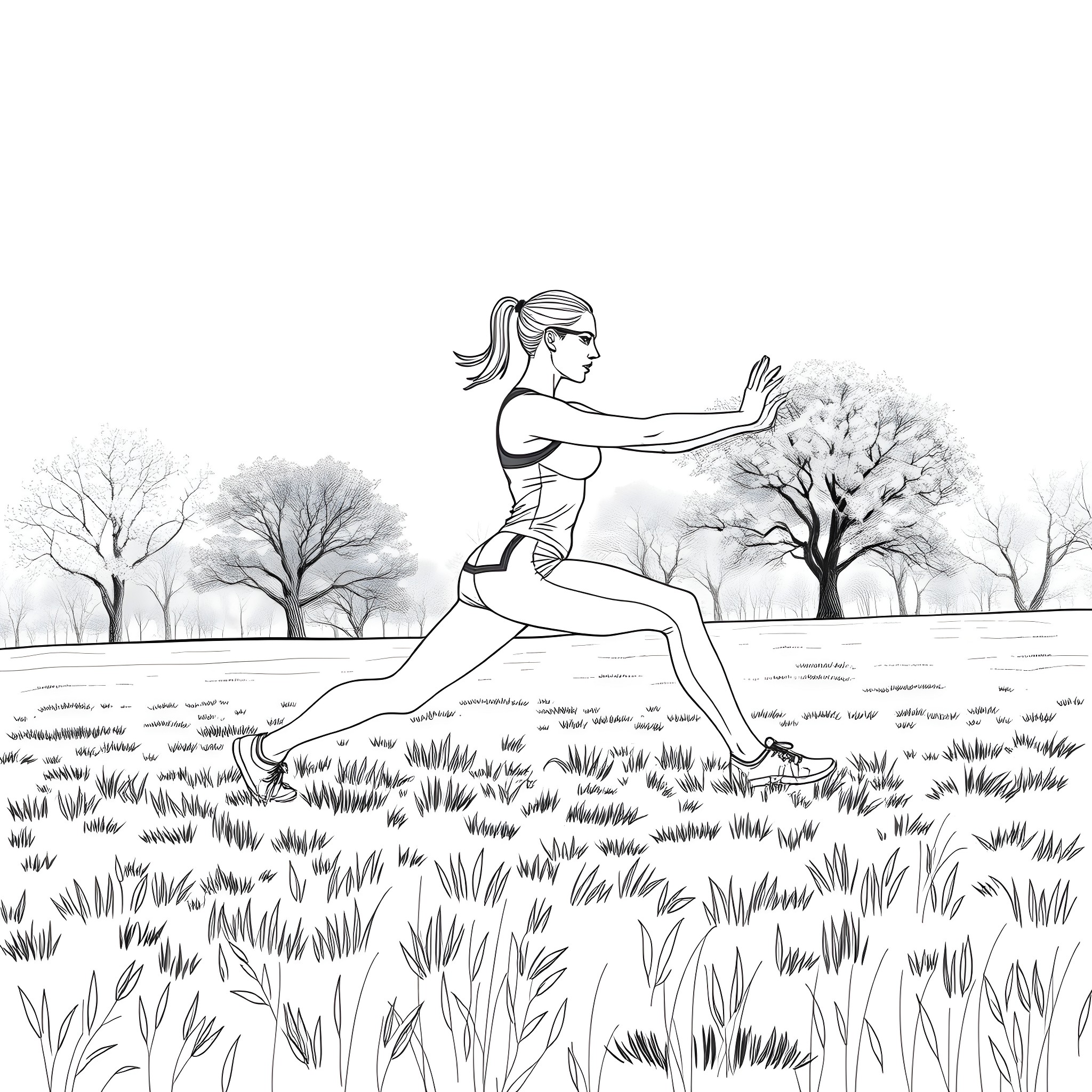 Woman exercising in a nature scene Coloring Page (free black-and-white line drawing printable PDF for all, from beginners to advanced learners, including children, teens, adults, and seniors)