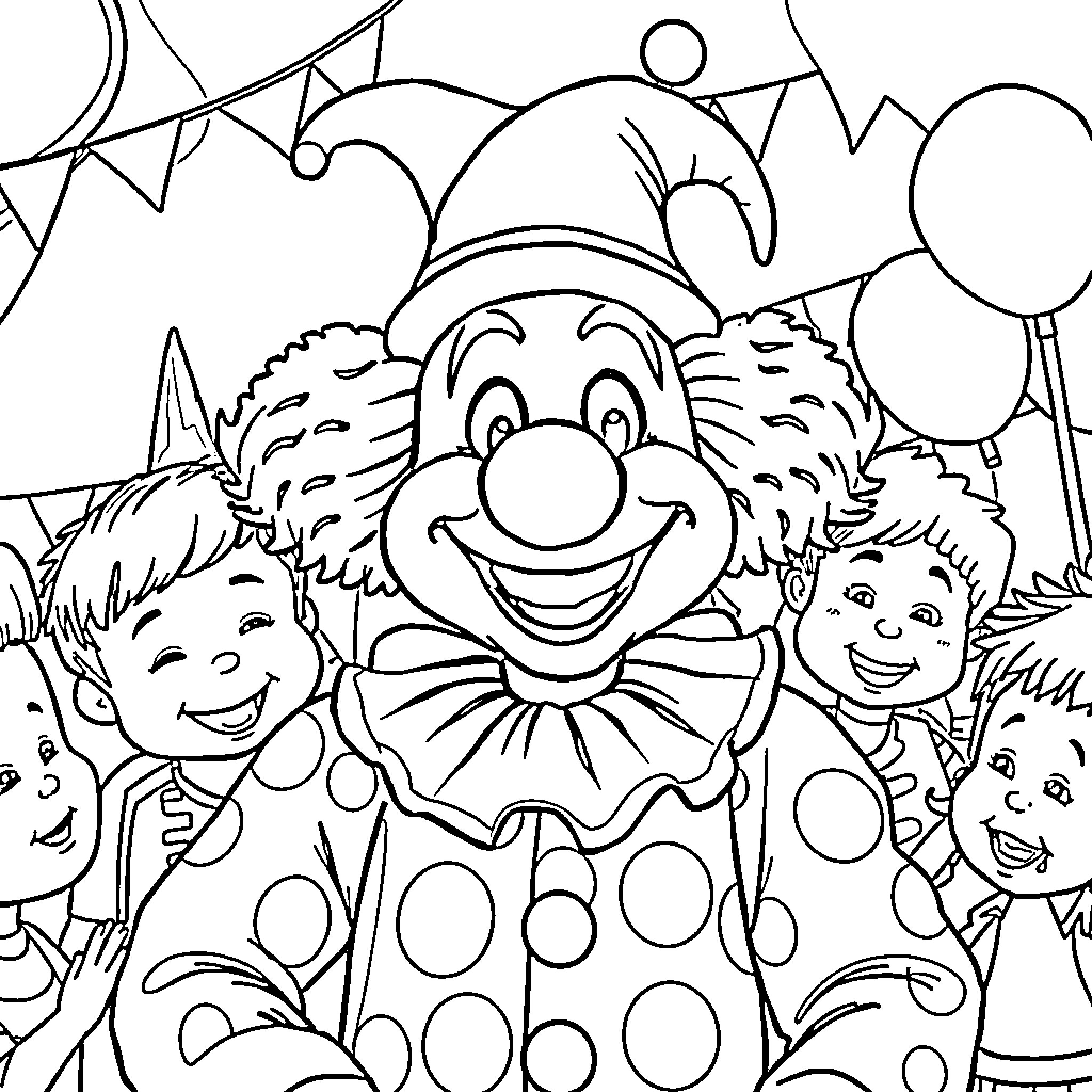Plimplim Clown Entertaining Happy Children Coloring Page (free black-and-white line drawing printable PDF for all, from beginners to advanced learners, including children, teens, adults, and seniors)
