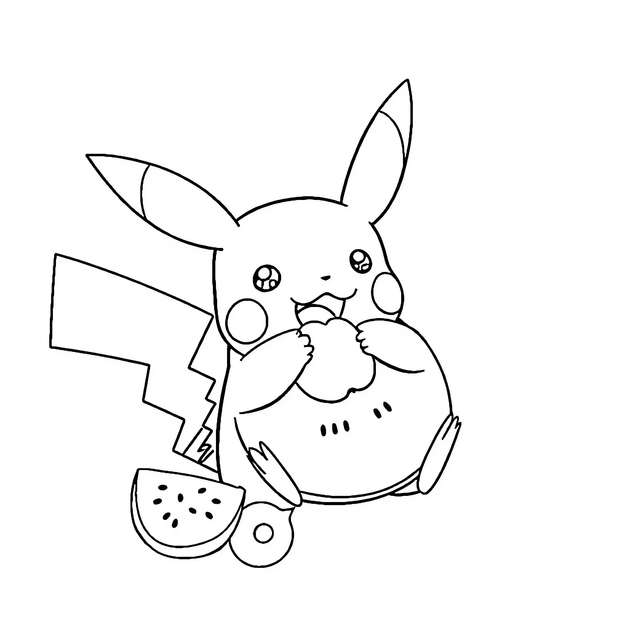 Pikachu enjoying a watermelon snack Coloring Page (free black-and-white line drawing printable PDF for all, from beginners to advanced learners, including children, teens, adults, and seniors)