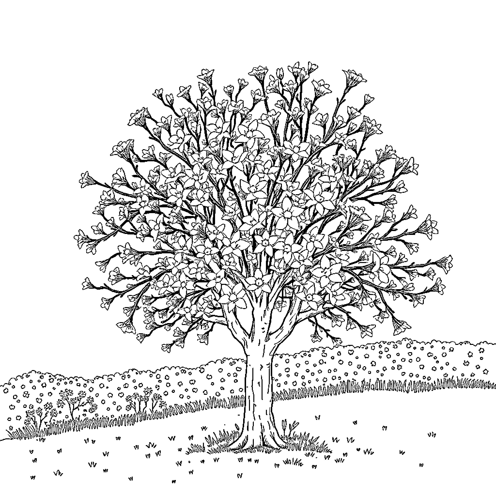 Tree blooming with intricate flower details Coloring Page (free black-and-white line drawing printable PDF for all, from beginners to advanced learners, including children, teens, adults, and seniors)
