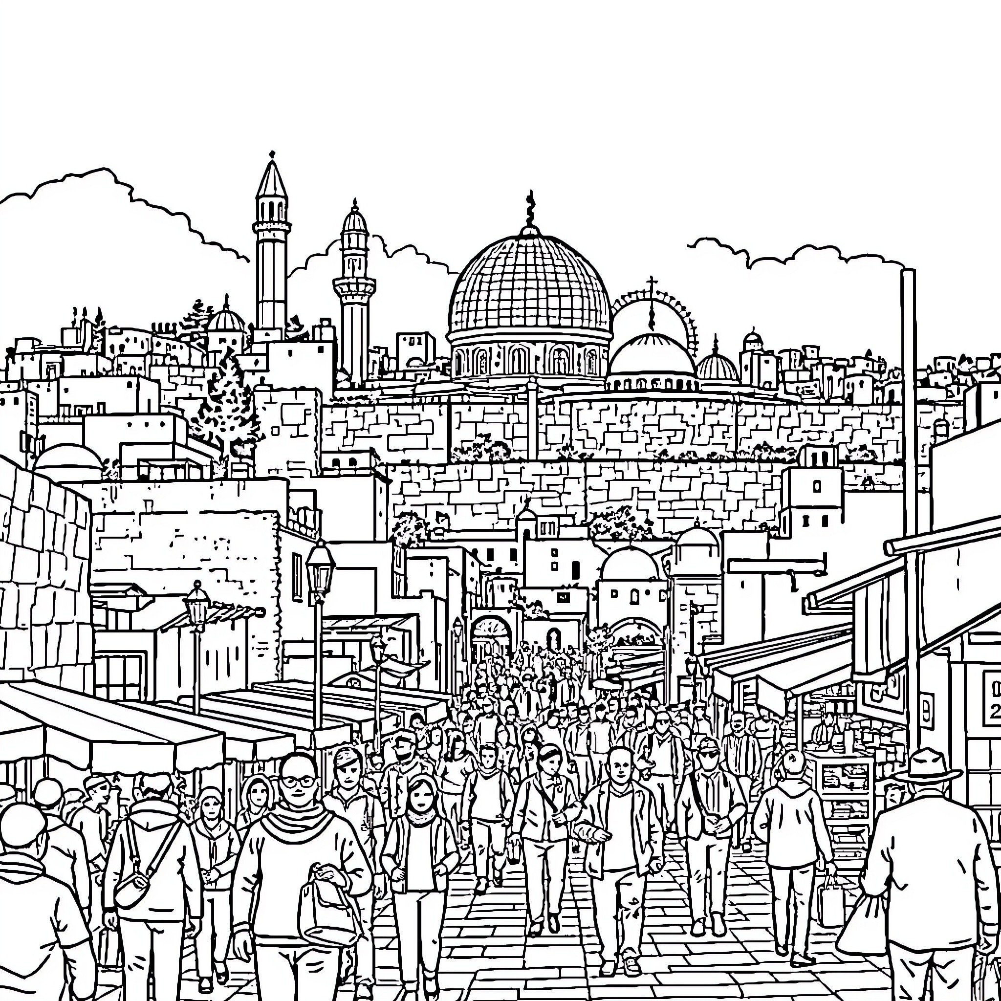 Jerusalem skyline with bustling crowd and landmarks Coloring Page (free black-and-white line drawing printable PDF for all, from beginners to advanced learners, including children, teens, adults, and seniors)