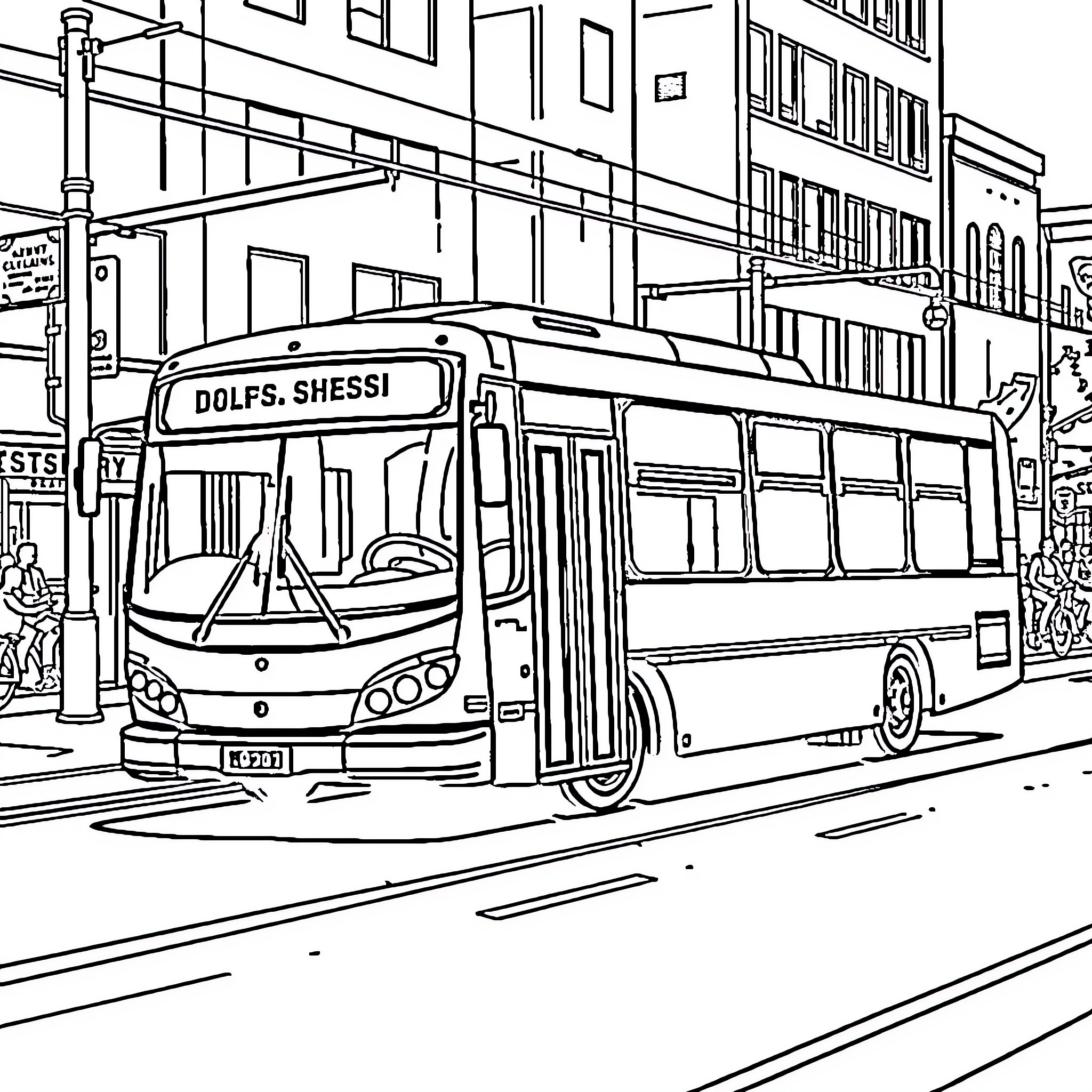 Bus on a city street with building scenery Coloring Page (free black-and-white line drawing printable PDF for all, from beginners to advanced learners, including children, teens, adults, and seniors)