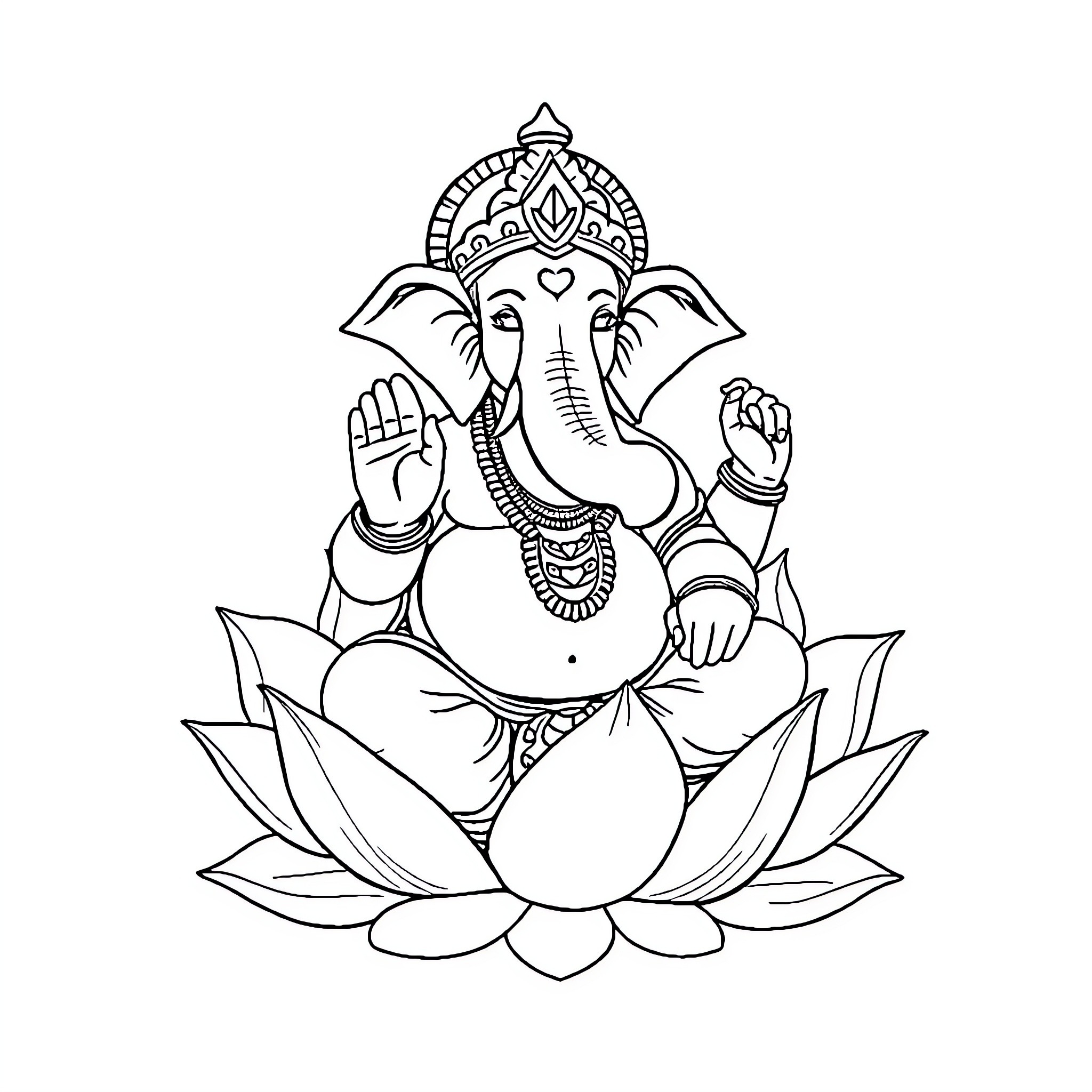 Ganesha seated in lotus position on a flower Coloring Page (free black-and-white line drawing printable PDF for all, from beginners to advanced learners, including children, teens, adults, and seniors)