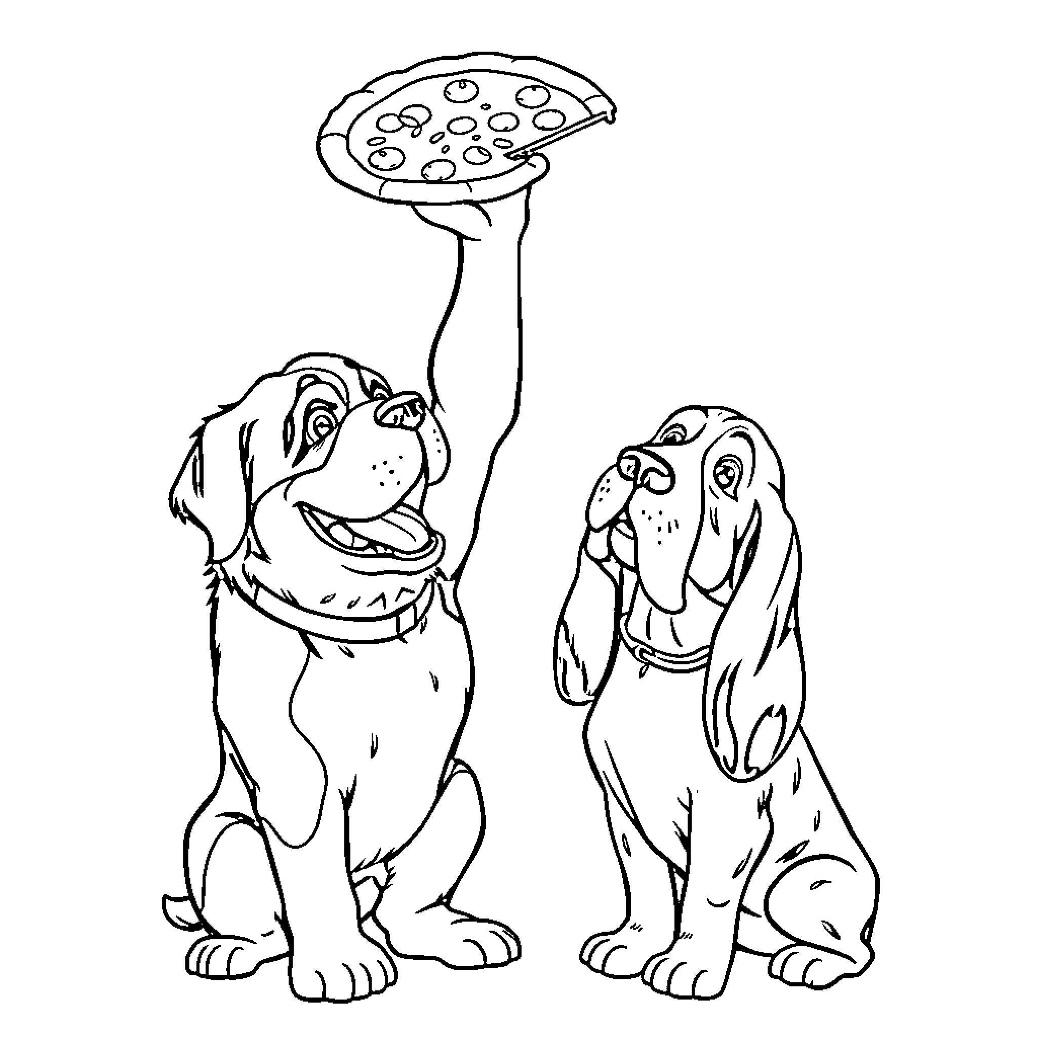 Saint Bernard dogs playing with pizza Coloring Page (free black-and-white line drawing printable PDF for all, from beginners to advanced learners, including children, teens, adults, and seniors)