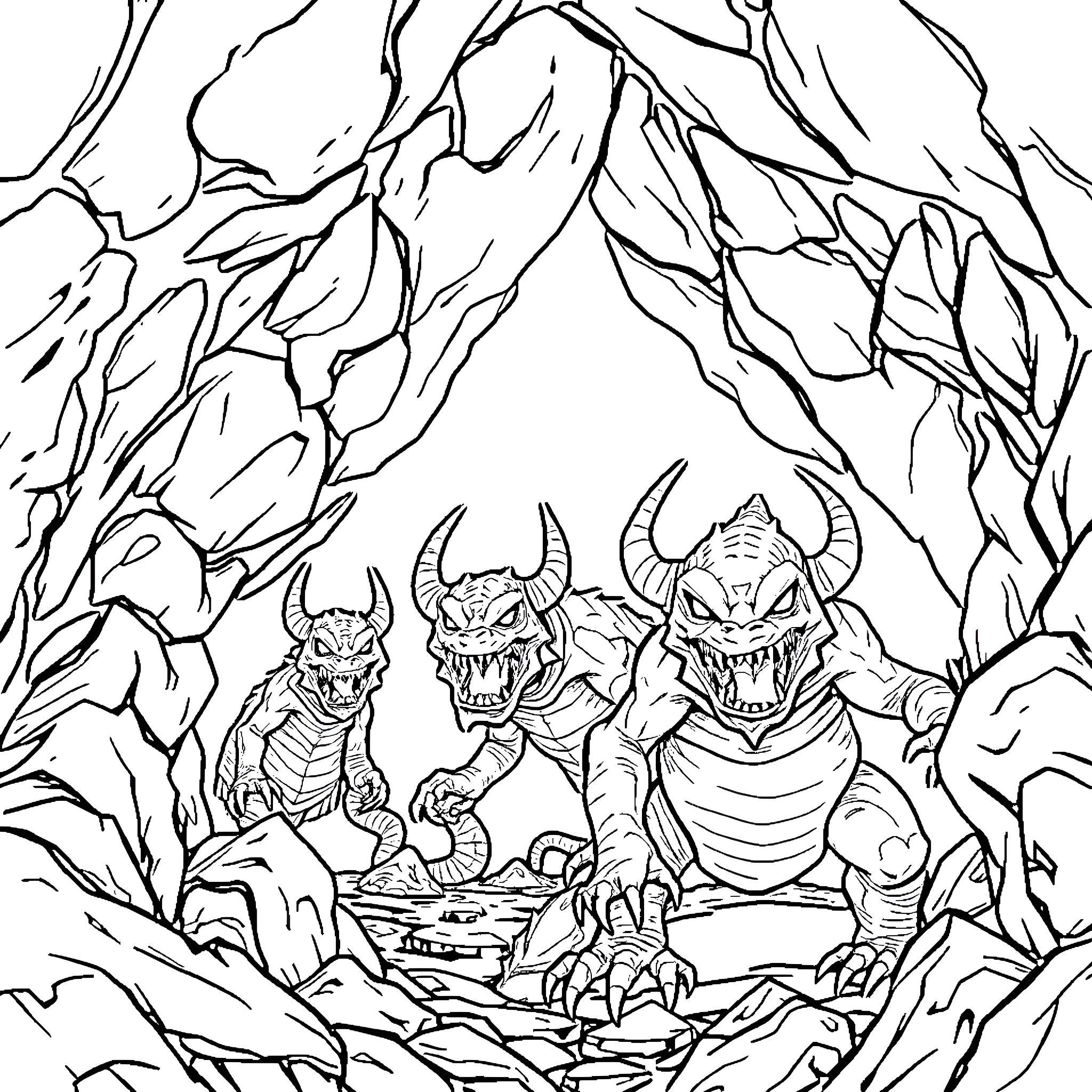 Monster Encounter in the Mysterious Cave Coloring Page (free black-and-white line drawing printable PDF for all, from beginners to advanced learners, including children, teens, adults, and seniors)