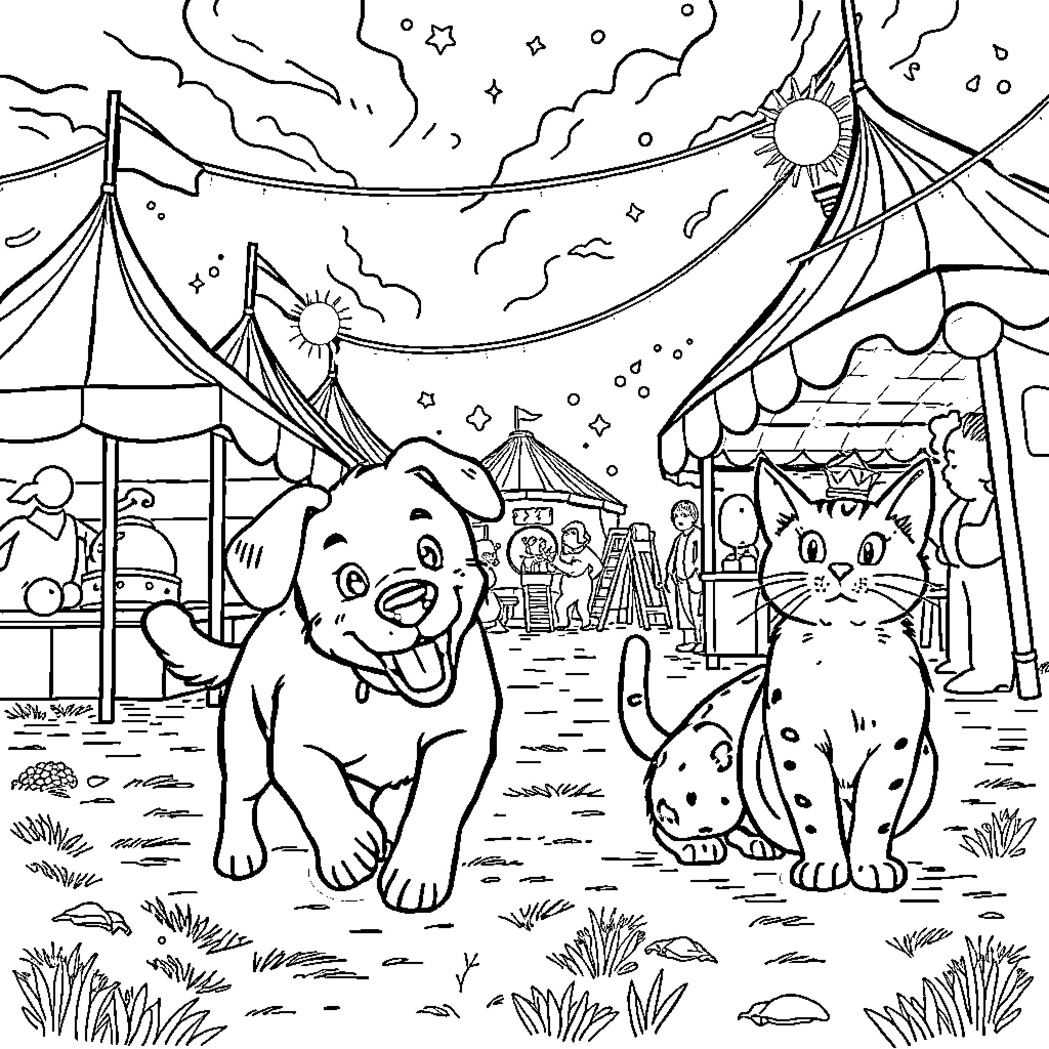 Dog and Cat at the Carnival Coloring Page (free black-and-white line drawing printable PDF for all, from beginners to advanced learners, including children, teens, adults, and seniors)