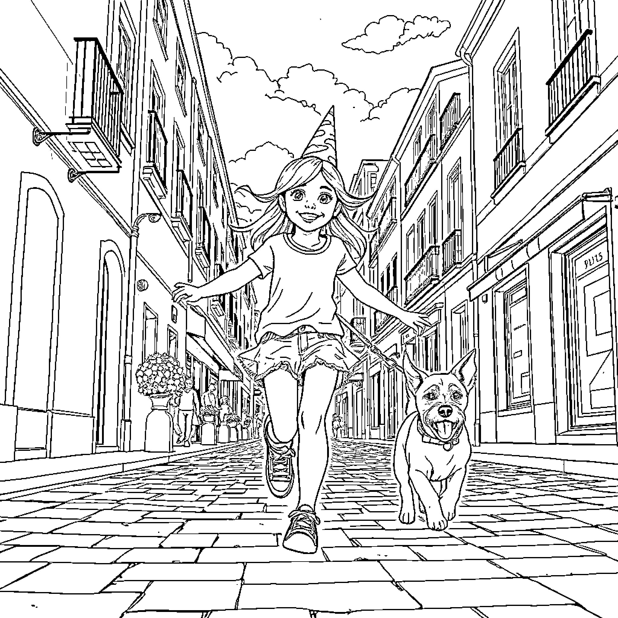Girl exploring the city with her dog Coloring Page (free black-and-white line drawing printable PDF for all, from beginners to advanced learners, including children, teens, adults, and seniors)