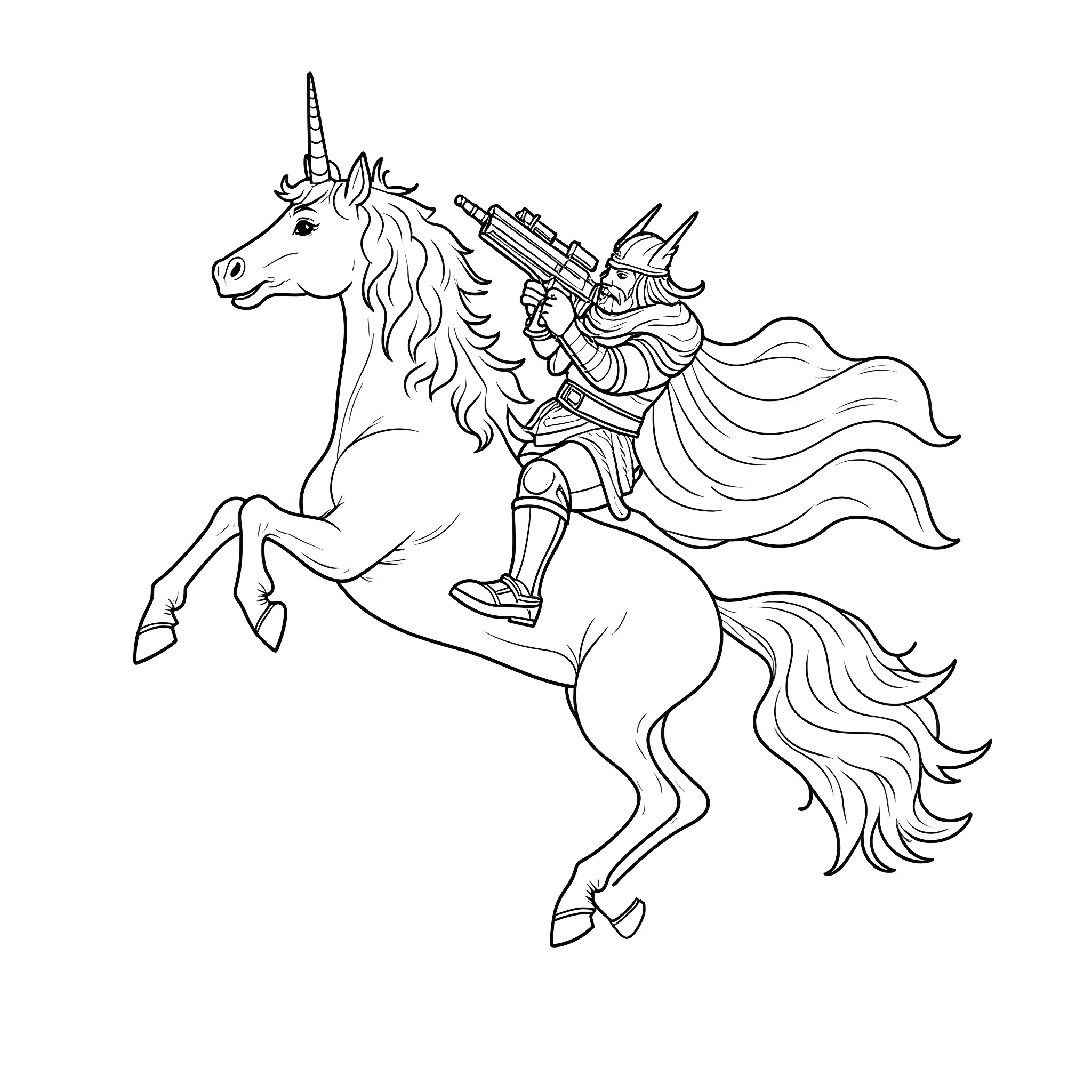 Viking warrior riding a unicorn with weapons Coloring Page (free black-and-white line drawing printable PDF for all, from beginners to advanced learners, including children, teens, adults, and seniors)