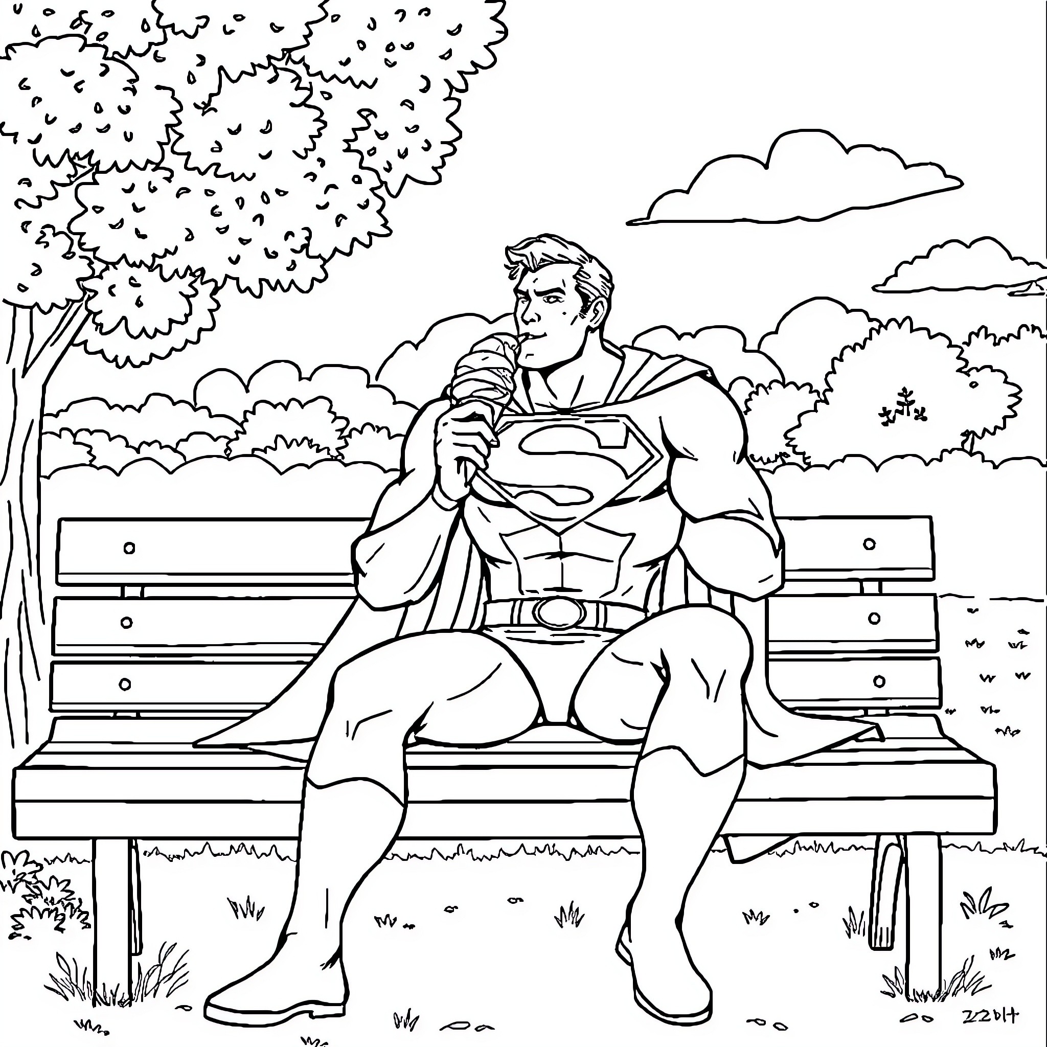 Superman resting on a park bench Coloring Page (free black-and-white line drawing printable PDF for all, from beginners to advanced learners, including children, teens, adults, and seniors)