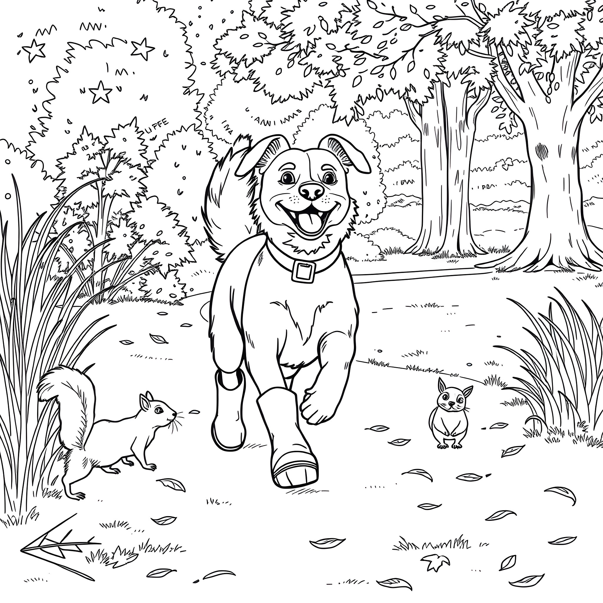 Dog playing joyfully in the forest Coloring Page (free black-and-white line drawing printable PDF for all, from beginners to advanced learners, including children, teens, adults, and seniors)