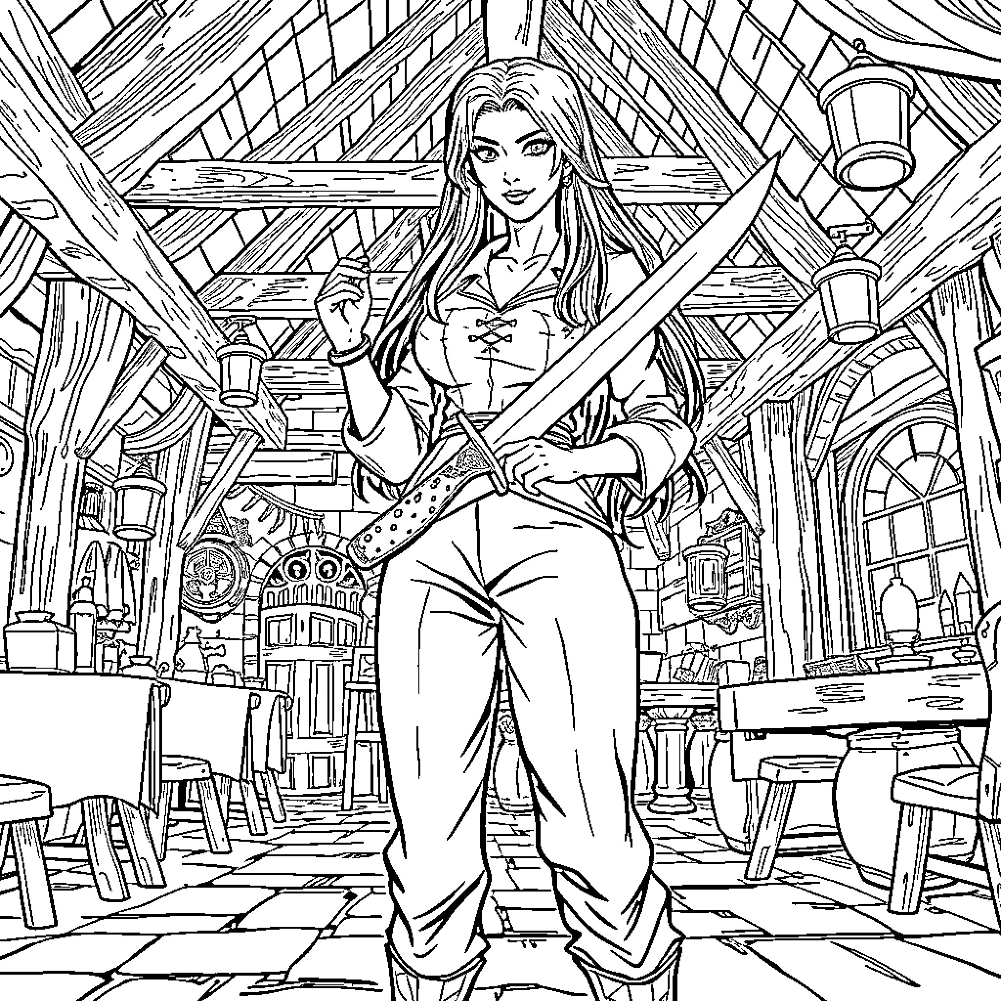 Business Woman in Vibrant Urban Setting Coloring Page (free black-and-white line drawing printable PDF for all, from beginners to advanced learners, including children, teens, adults, and seniors)