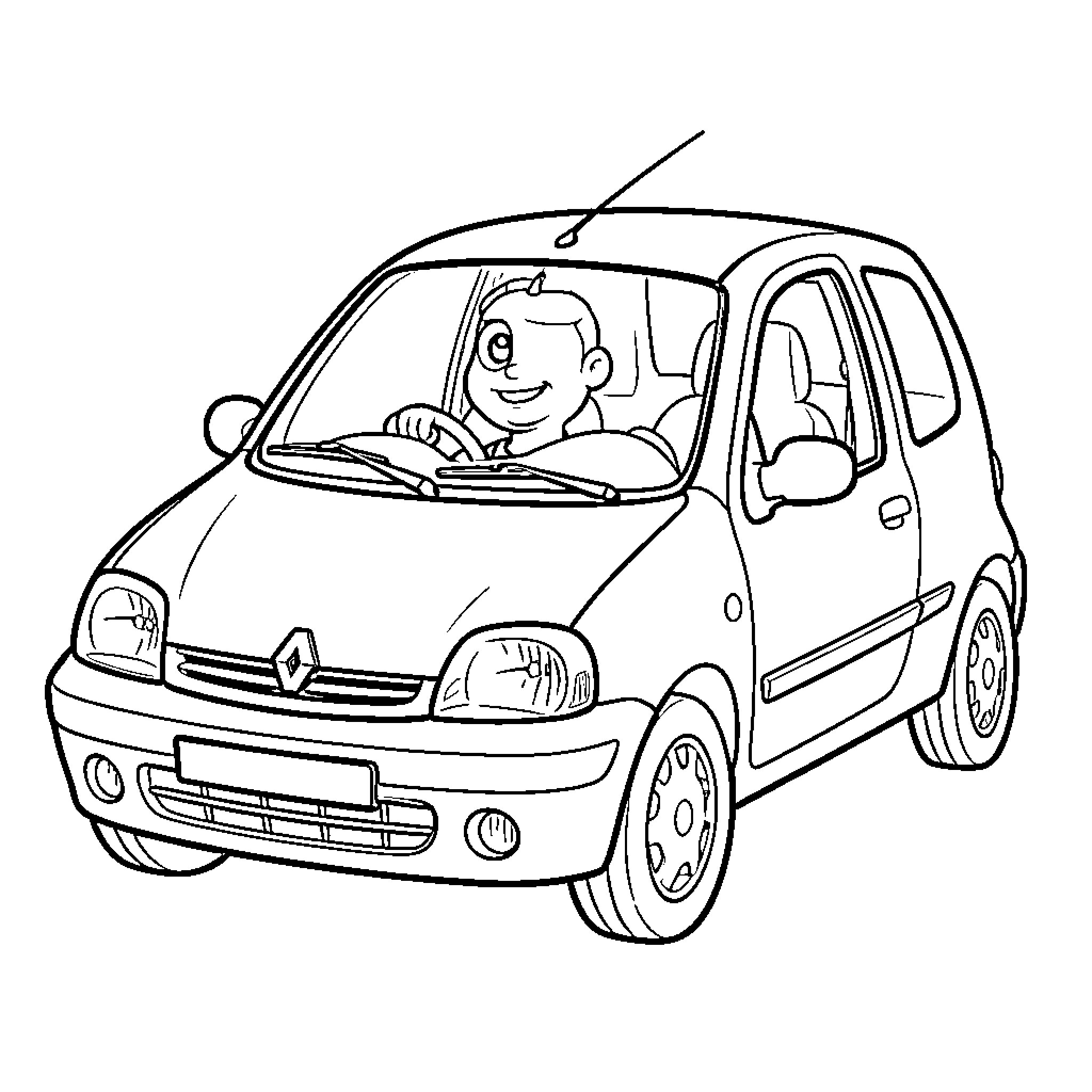 Renault Twingo driven by a smiling cartoon character Coloring Page (free black-and-white line drawing printable PDF for all, from beginners to advanced learners, including children, teens, adults, and seniors)