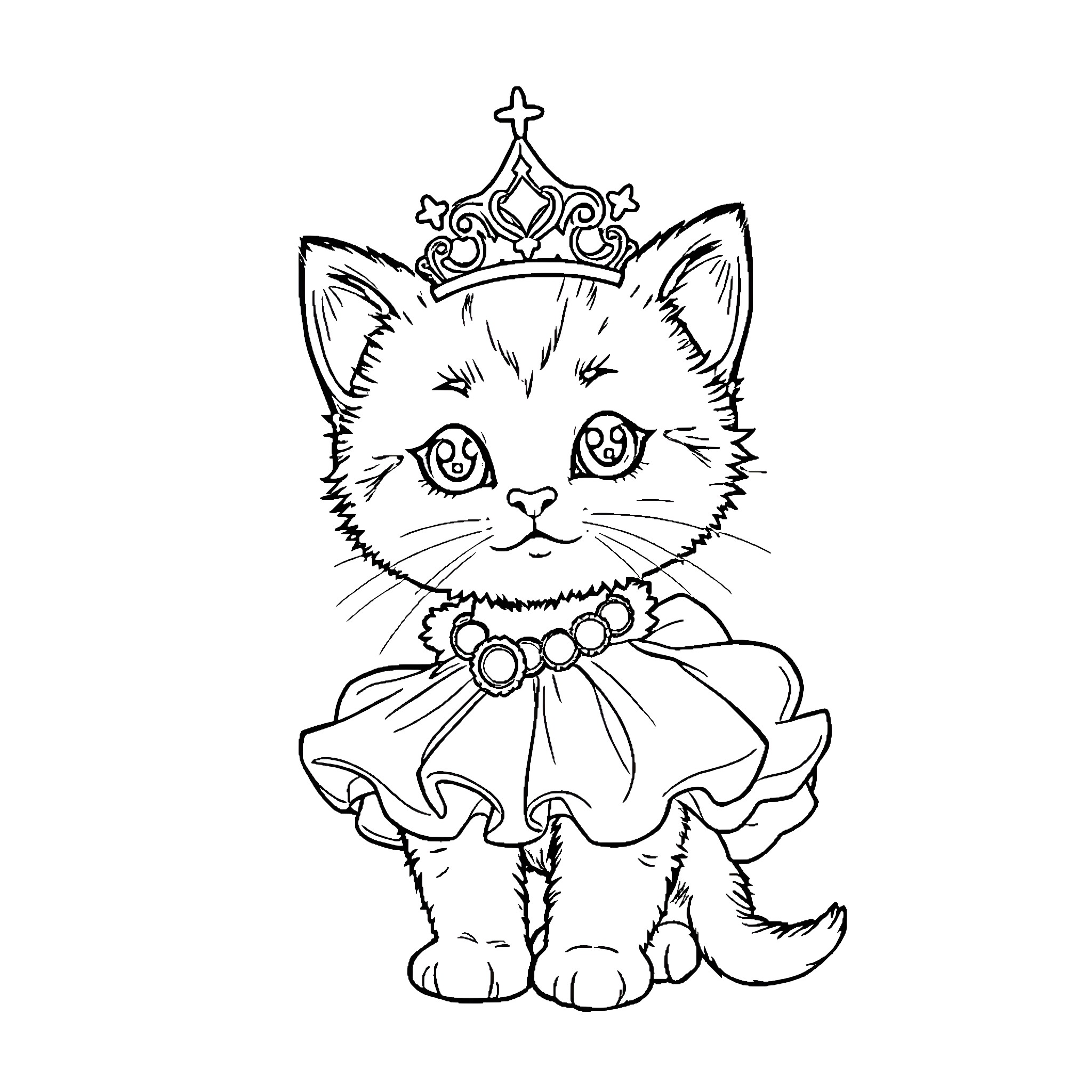 Kitten dressed as a royal cat Coloring Page (free black-and-white line drawing printable PDF for all, from beginners to advanced learners, including children, teens, adults, and seniors)