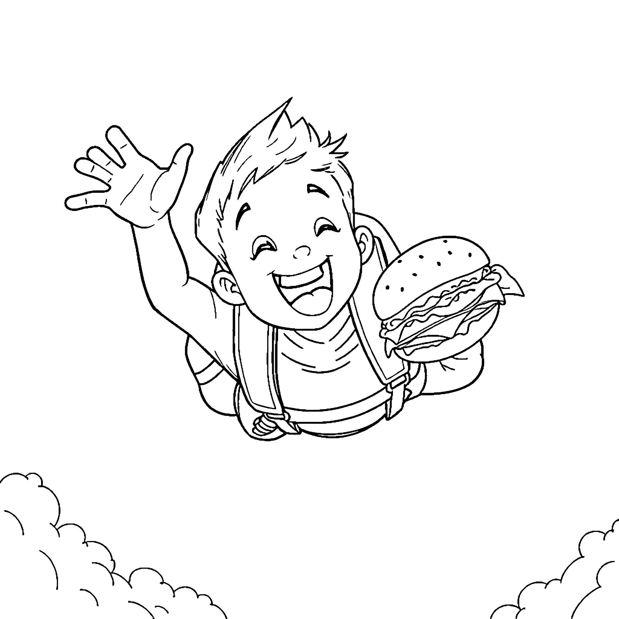 Boy happily enjoying a big hamburger Coloring Page (free black-and-white line drawing printable PDF for all, from beginners to advanced learners, including children, teens, adults, and seniors)