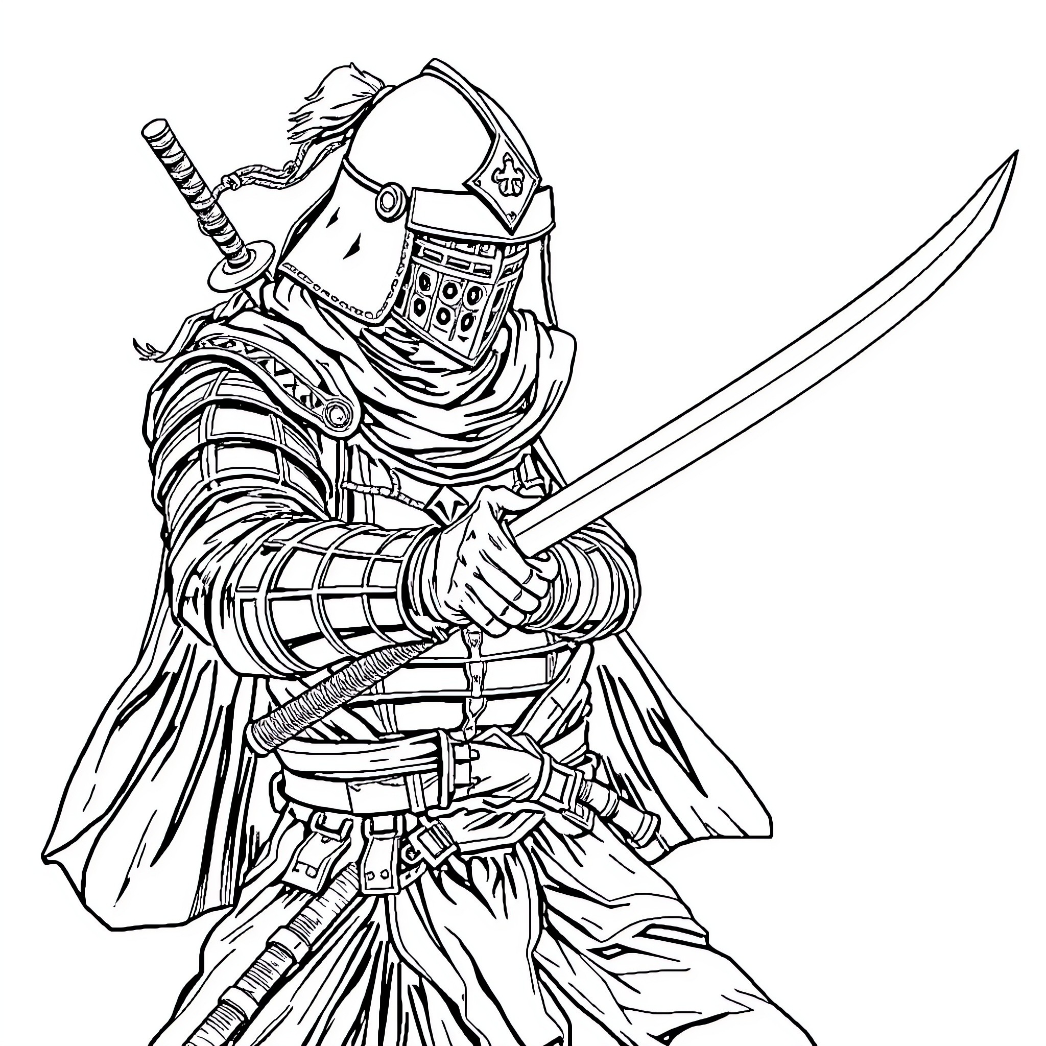 Samurai warrior brandishing a sword in battle stance Coloring Page (free black-and-white line drawing printable PDF for all, from beginners to advanced learners, including children, teens, adults, and seniors)
