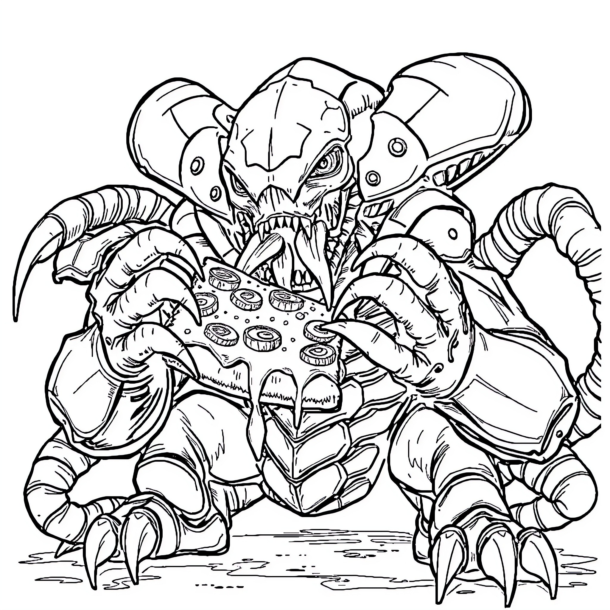 Tyranid creature with menacing claws and teeth Coloring Page (free black-and-white line drawing printable PDF for all, from beginners to advanced learners, including children, teens, adults, and seniors)