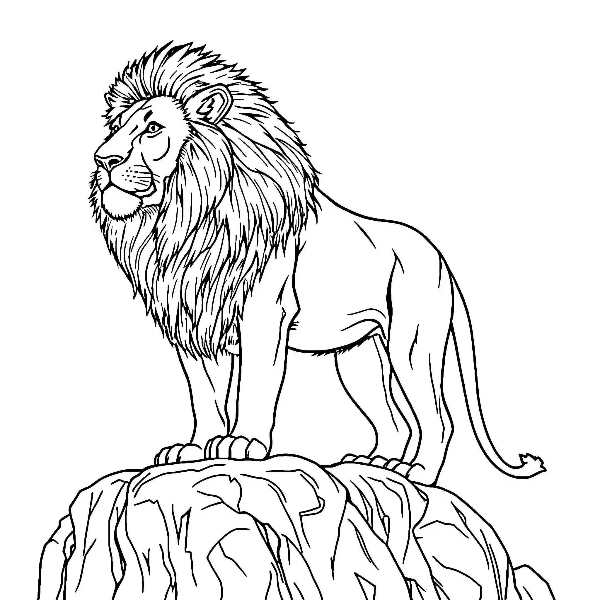 Lion standing majestically on a rocky cliff Coloring Page (free black-and-white line drawing printable PDF for all, from beginners to advanced learners, including children, teens, adults, and seniors)