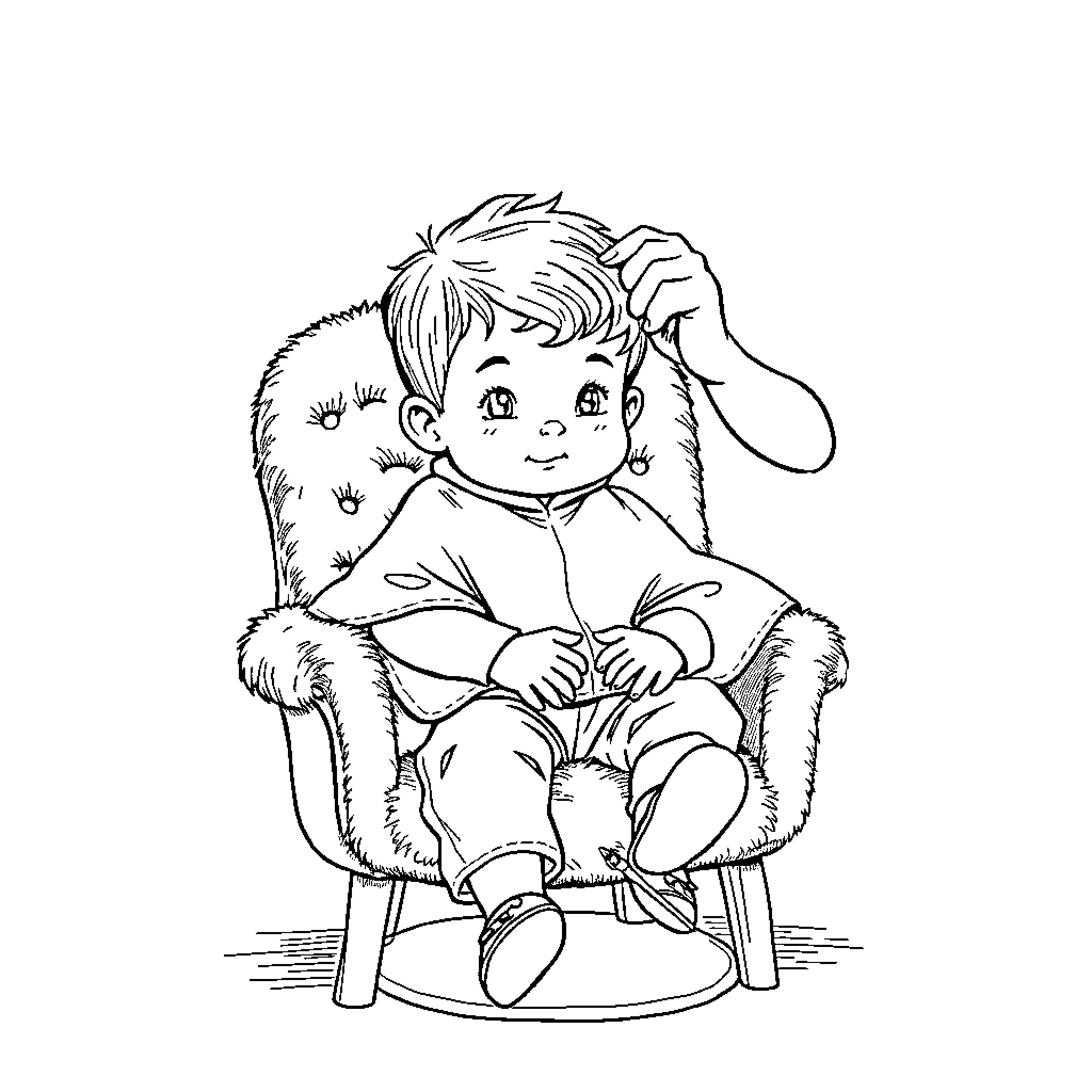 Child sitting comfortably in a furry armchair Coloring Page (free black-and-white line drawing printable PDF for all, from beginners to advanced learners, including children, teens, adults, and seniors)