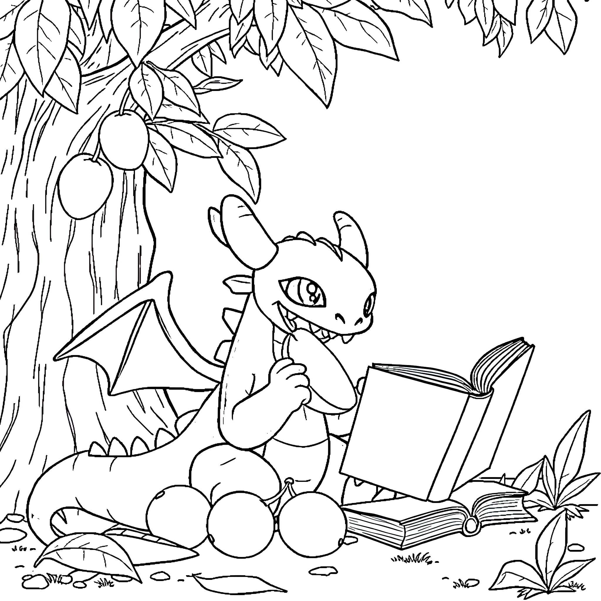 Toothless dragon reading a book in the forest Coloring Page (free black-and-white line drawing printable PDF for all, from beginners to advanced learners, including children, teens, adults, and seniors)