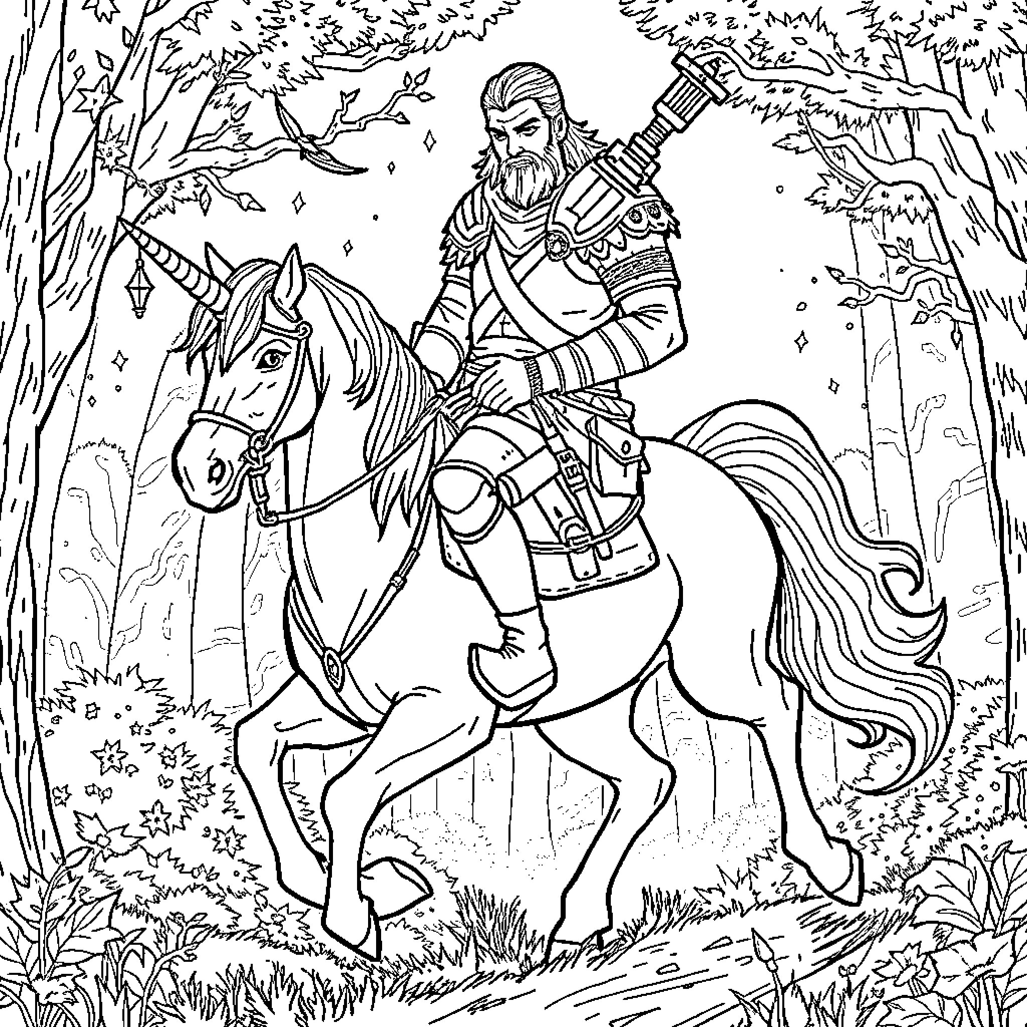 Geralt the Witcher riding through the enchanted forest Coloring Page (free black-and-white line drawing printable PDF for all, from beginners to advanced learners, including children, teens, adults, and seniors)