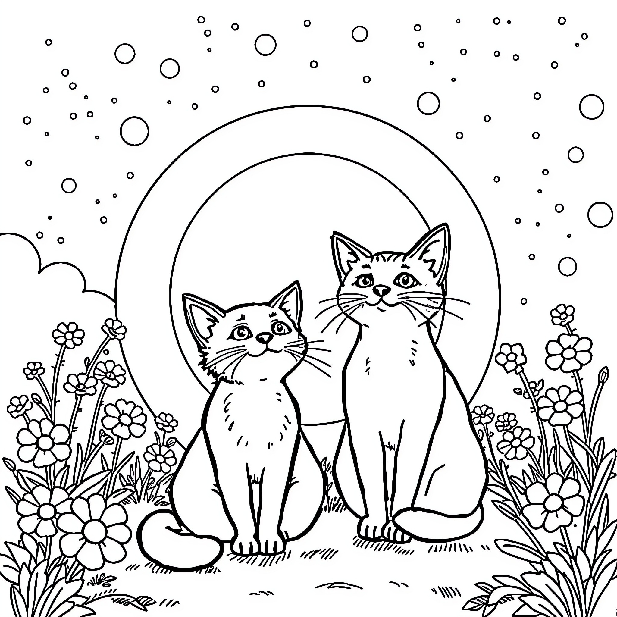 Chat with Curious Kittens in a Floral Wonderland Coloring Page (free black-and-white line drawing printable PDF for all, from beginners to advanced learners, including children, teens, adults, and seniors)