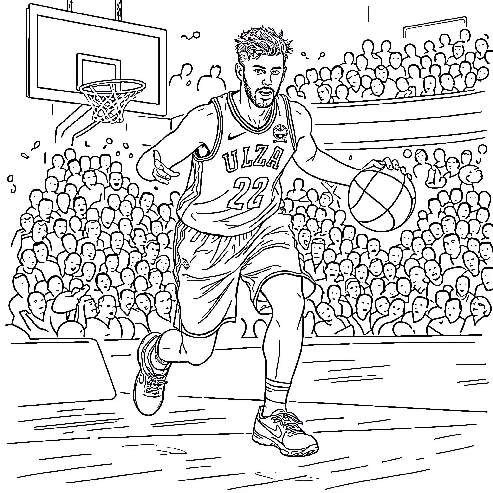 Luka Doncic Dominating the Basketball Court Coloring Page (free black-and-white line drawing printable PDF for all, from beginners to advanced learners, including children, teens, adults, and seniors)