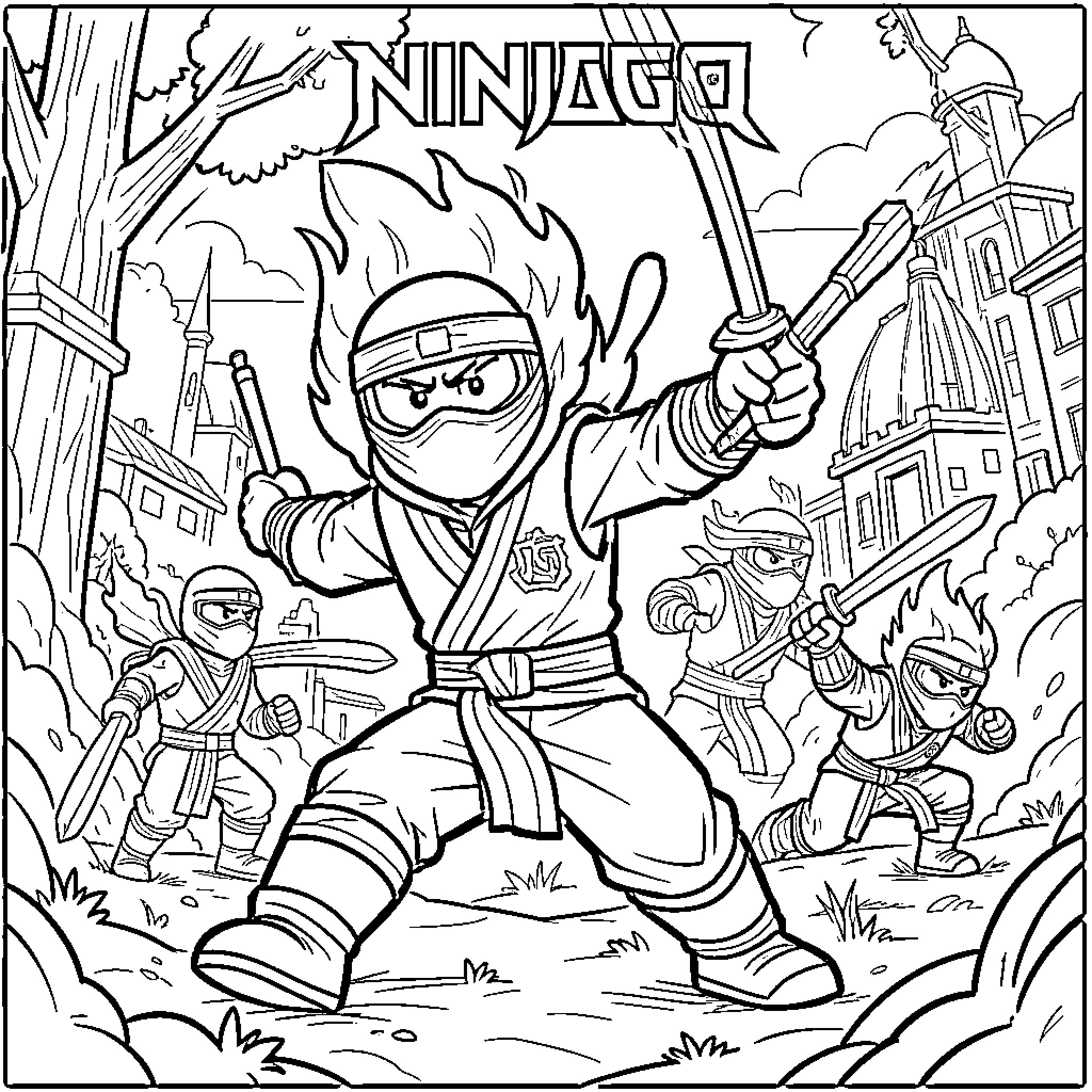 Fire Ninjago characters wielding weapons in a dynamic battle scene Coloring Page (free black-and-white line drawing printable PDF for all, from beginners to advanced learners, including children, teens, adults, and seniors)